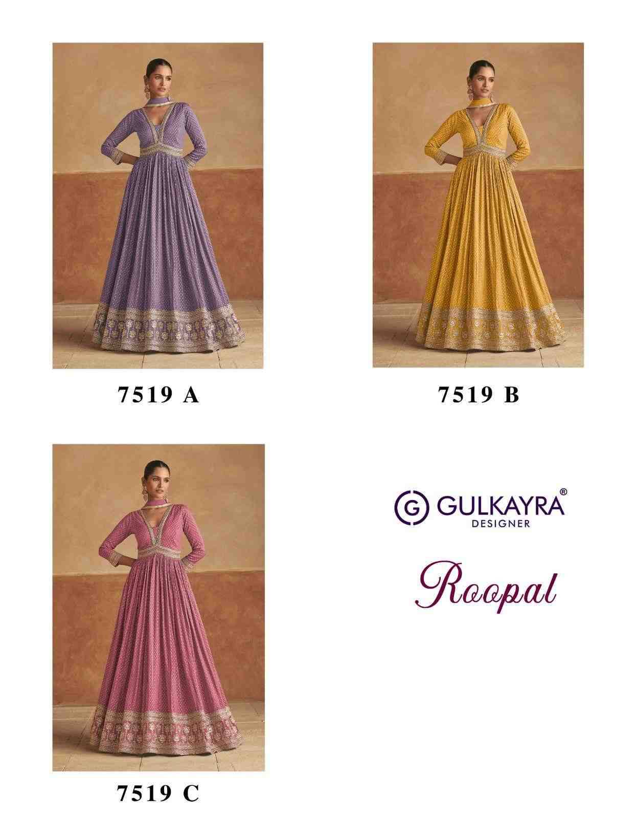 Roopal By Gulkayra Designer 7519-A To 7519-C Series Designer Stylish Fancy Colorful Beautiful Party Wear & Ethnic Wear Collection Viscose Silk Gowns With Dupatta At Wholesale Price