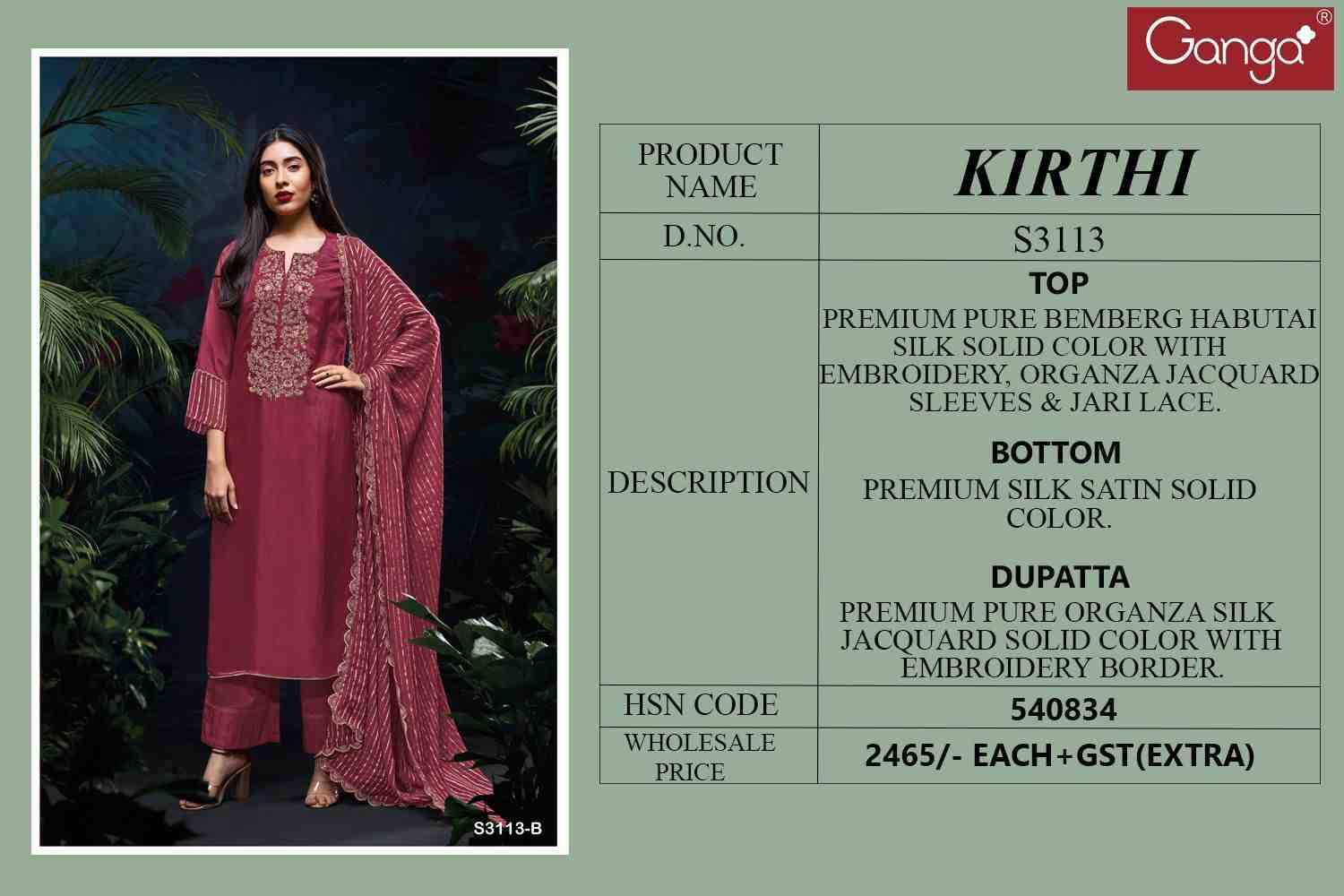 Kirthi-3113 By Ganga Fashion 3113-A To 3113-B Series Beautiful Festive Suits Colorful Stylish Fancy Casual Wear & Ethnic Wear Pure Bemberg Silk Dresses At Wholesale Price