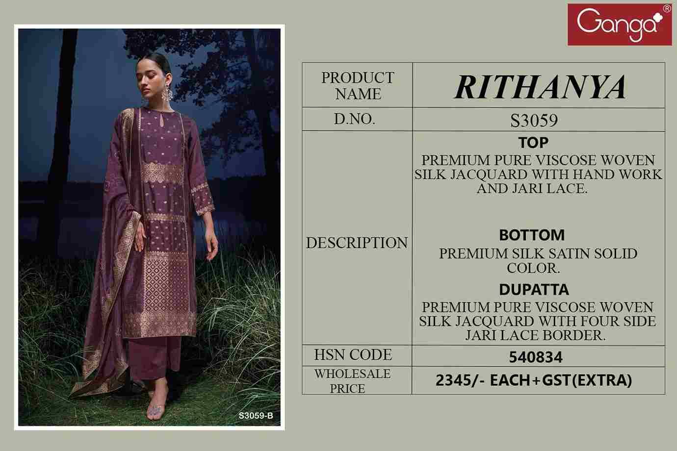 Rithanya-3059 By Ganga Fashion 3059-A To 3059-D Series Beautiful Festive Suits Colorful Stylish Fancy Casual Wear & Ethnic Wear Pure Viscose Jacquard Silk Dresses At Wholesale Price