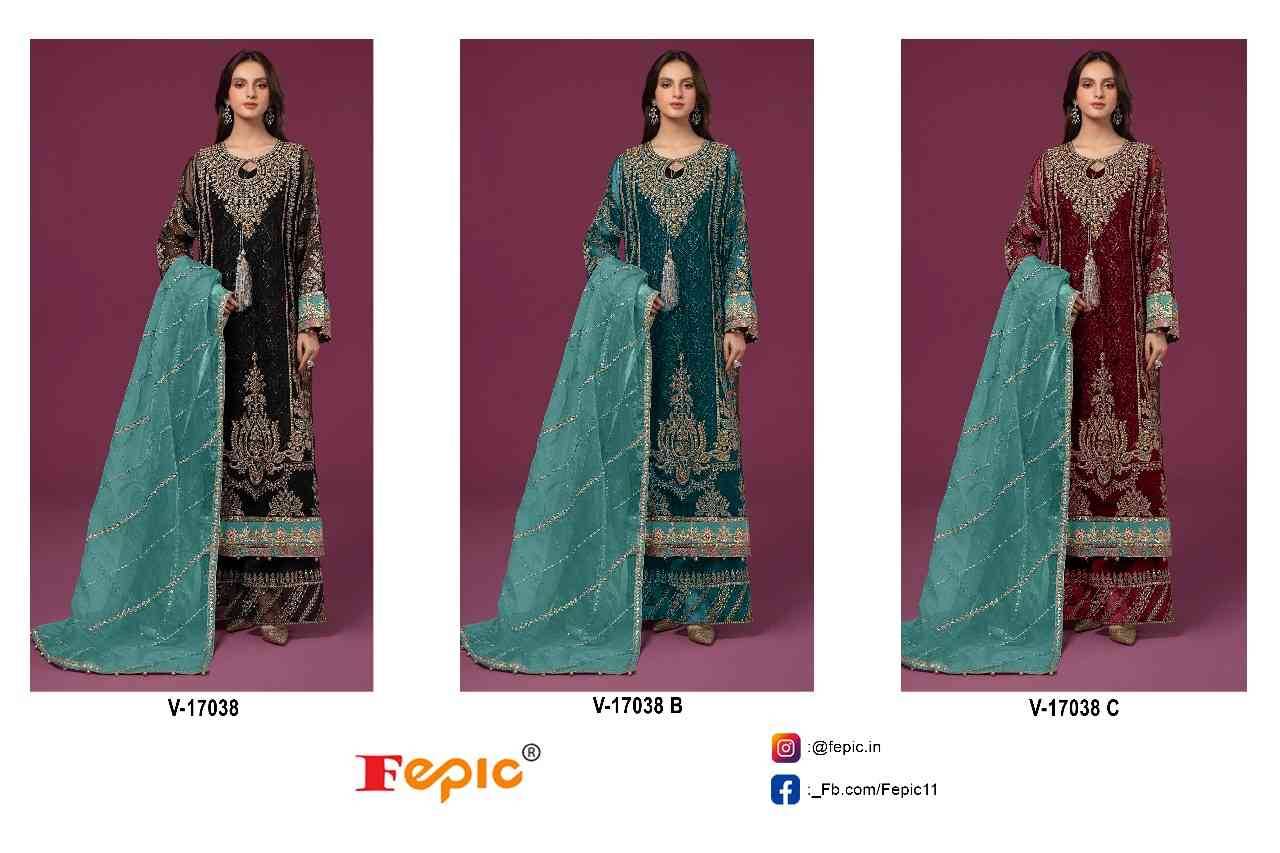 Fepic 17038 Colours By Fepic 17038-A To 17038-C Series Beautiful Pakistani Suits Colorful Stylish Fancy Casual Wear & Ethnic Wear Velvet Embroidered Dresses At Wholesale Price