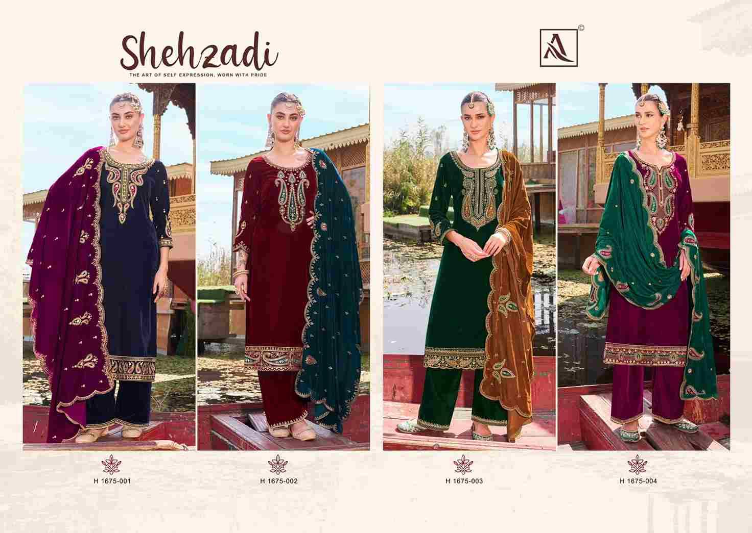 Shehzadi By Alok Suit 1675-001 To 1675-004 Series Beautiful Festive Suits Stylish Fancy Colorful Casual Wear & Ethnic Wear Velvet Embroidered Dresses At Wholesale Price