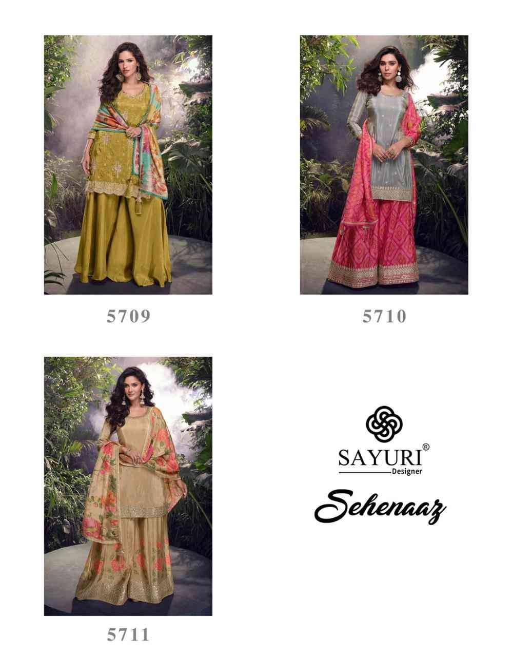 Sehenaaz By Sayuri 5709 To 5711 Series Beautiful Sharara Suits Stylish Fancy Colorful Casual Wear & Ethnic Wear Chinnon Silk Dresses At Wholesale Price