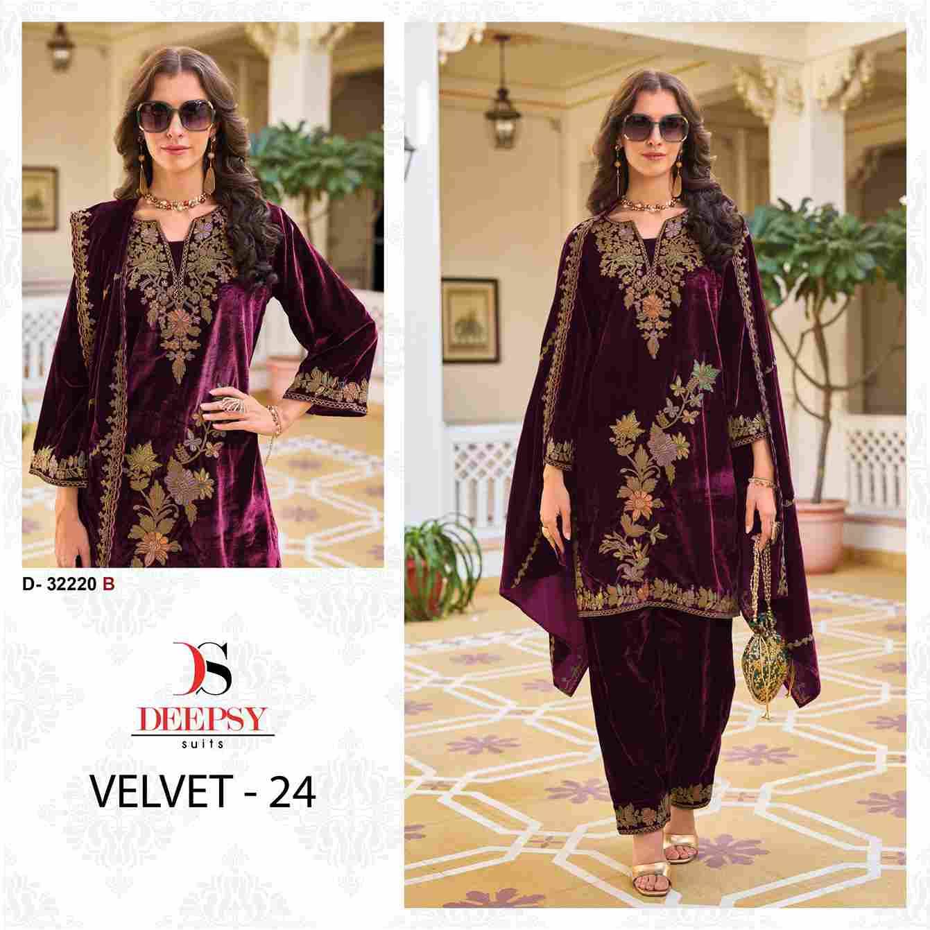 Velvet 32220 Colours By Deepsy Suits 32220-A To 32220-D Series Beautiful Stylish Pakistani Suits Fancy Colorful Casual Wear & Ethnic Wear & Ready To Wear Heavy Velvet Embroidery Dresses At Wholesale Price