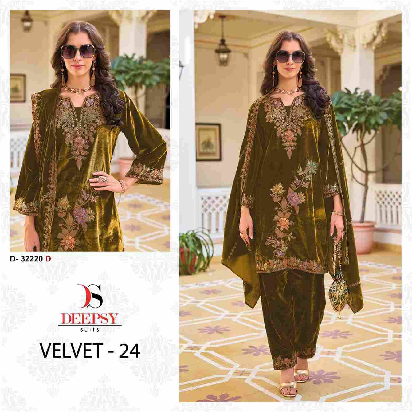 Velvet 32220 Colours By Deepsy Suits 32220-A To 32220-D Series Beautiful Stylish Pakistani Suits Fancy Colorful Casual Wear & Ethnic Wear & Ready To Wear Heavy Velvet Embroidery Dresses At Wholesale Price