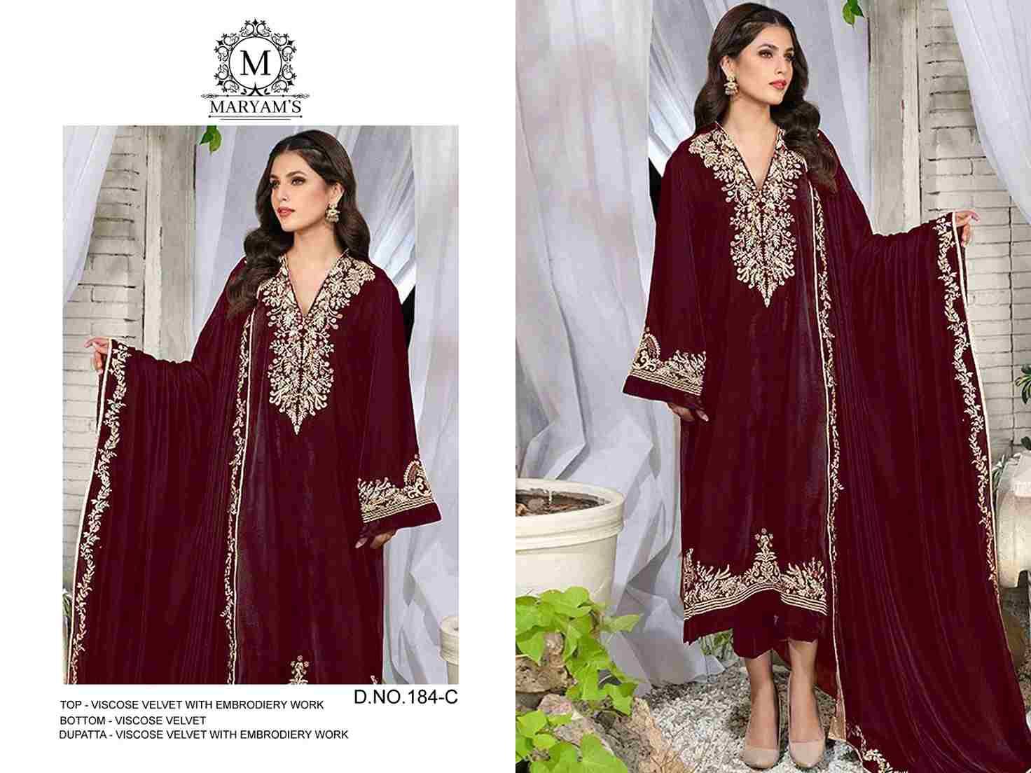 Maryams 184 Colours By Maryams 184-A To 184-D Series Pakistani Suits Beautiful Fancy Colorful Stylish Party Wear & Occasional Wear Viscose Velvet Embroidery Dresses At Wholesale Price