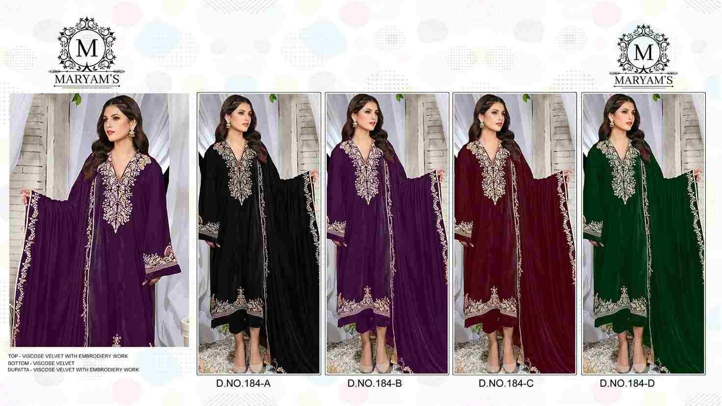 Maryams 184 Colours By Maryams 184-A To 184-D Series Pakistani Suits Beautiful Fancy Colorful Stylish Party Wear & Occasional Wear Viscose Velvet Embroidery Dresses At Wholesale Price