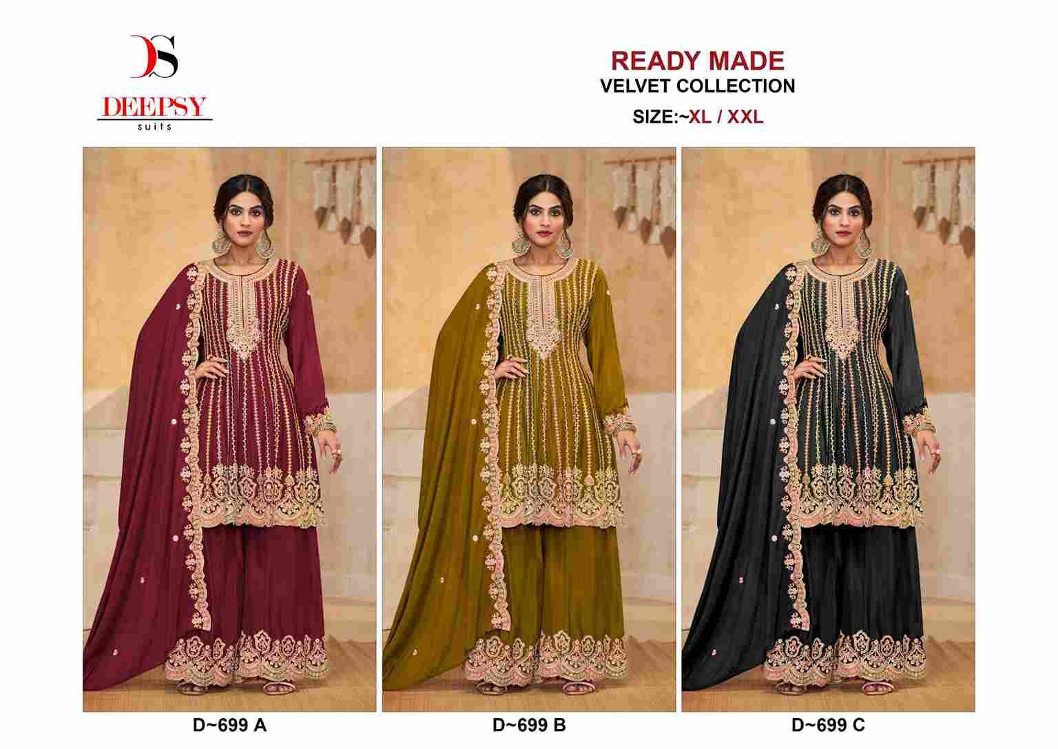 Deepsy Hit Design 699 Colours By Deepsy Suits 699-A To 699-C Series Beautiful Pakistani Suits Colorful Stylish Fancy Casual Wear & Ethnic Wear Pure Velvet Embroidered Dresses At Wholesale Price