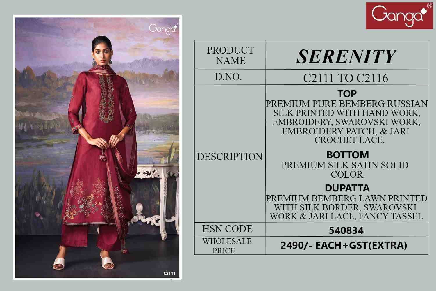 Serenity By Ganga Fashion 2111 To 2116 Series Beautiful Festive Suits Colorful Stylish Fancy Casual Wear & Ethnic Wear Pure Bemberg Silk Dresses At Wholesale Price