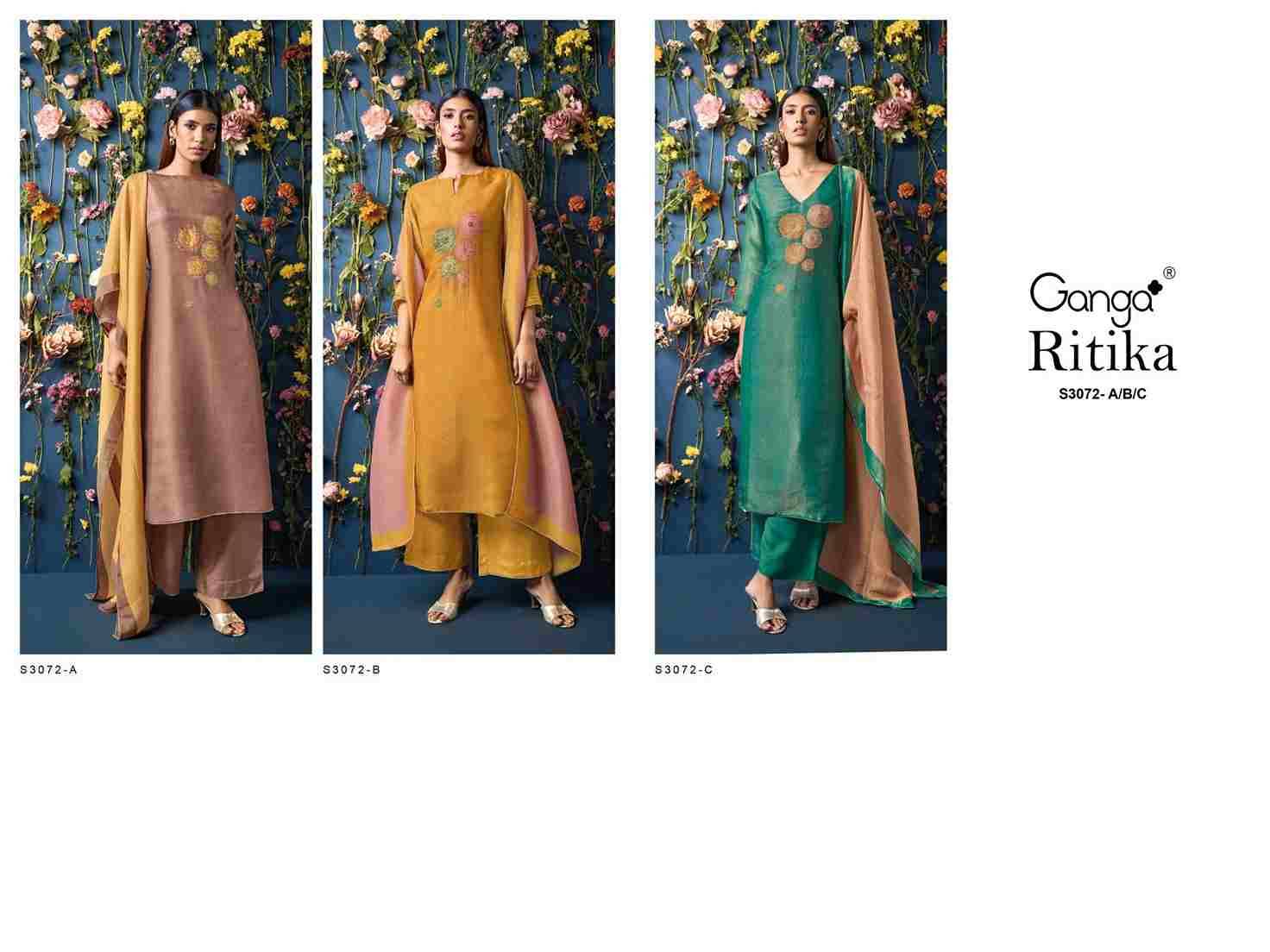 Ritika-3072 By Ganga Fashion 3072-A To 3072-C Series Beautiful Festive Suits Colorful Stylish Fancy Casual Wear & Ethnic Wear Pure Bemberg Silk Dresses At Wholesale Price