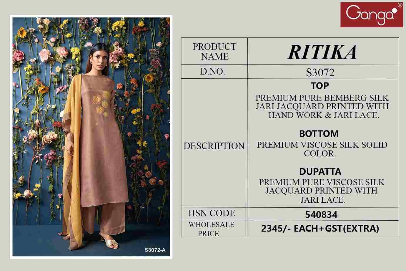 Ritika-3072 By Ganga Fashion 3072-A To 3072-C Series Beautiful Festive Suits Colorful Stylish Fancy Casual Wear & Ethnic Wear Pure Bemberg Silk Dresses At Wholesale Price