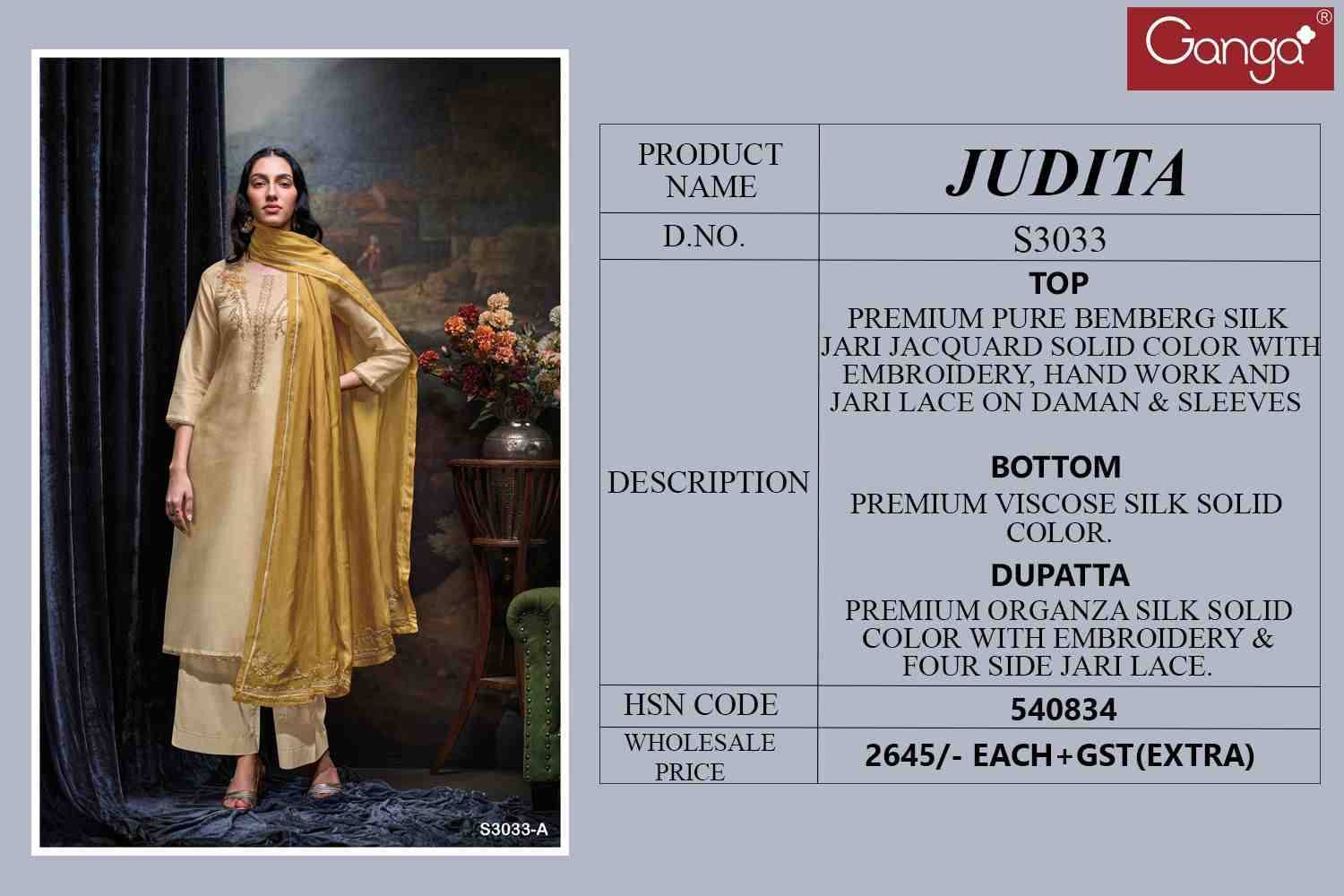 Judita-3033 By Ganga Fashion 3033-A To 3033-B Series Beautiful Festive Suits Colorful Stylish Fancy Casual Wear & Ethnic Wear Pure Bemberg Silk Dresses At Wholesale Price