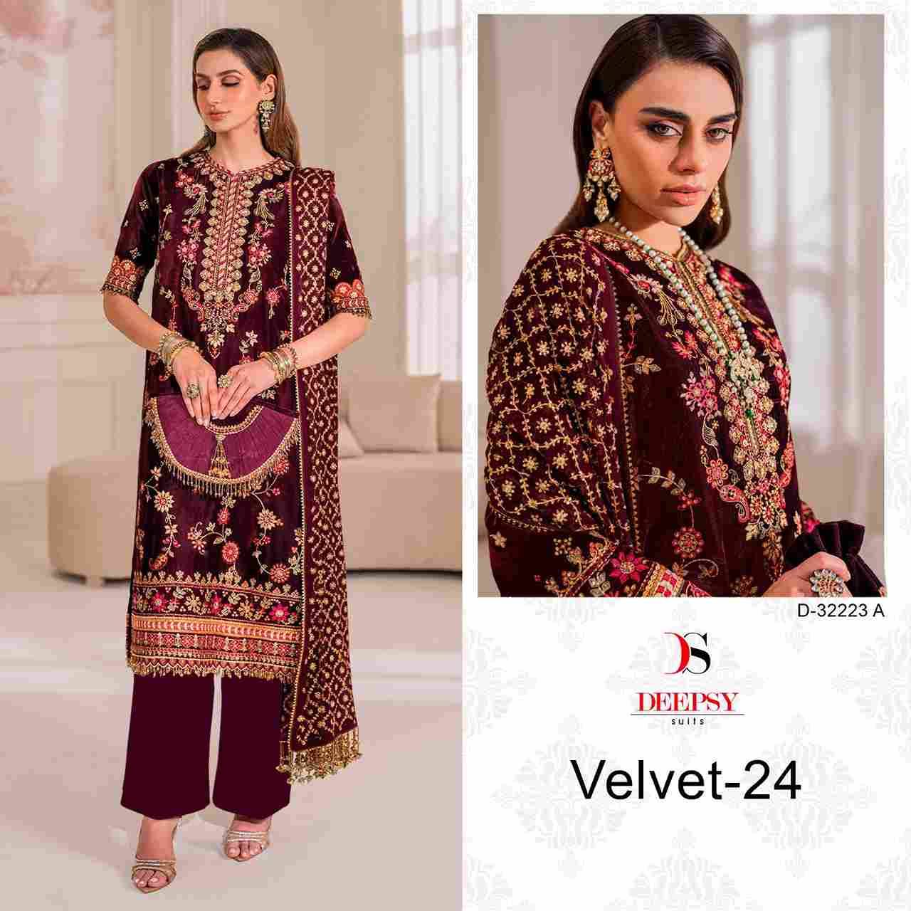 Velvet 32223 Colours By Deepsy Suits 32223-A To 32223-D Series Beautiful Stylish Pakistani Suits Fancy Colorful Casual Wear & Ethnic Wear & Ready To Wear Heavy Velvet Embroidery Dresses At Wholesale Price