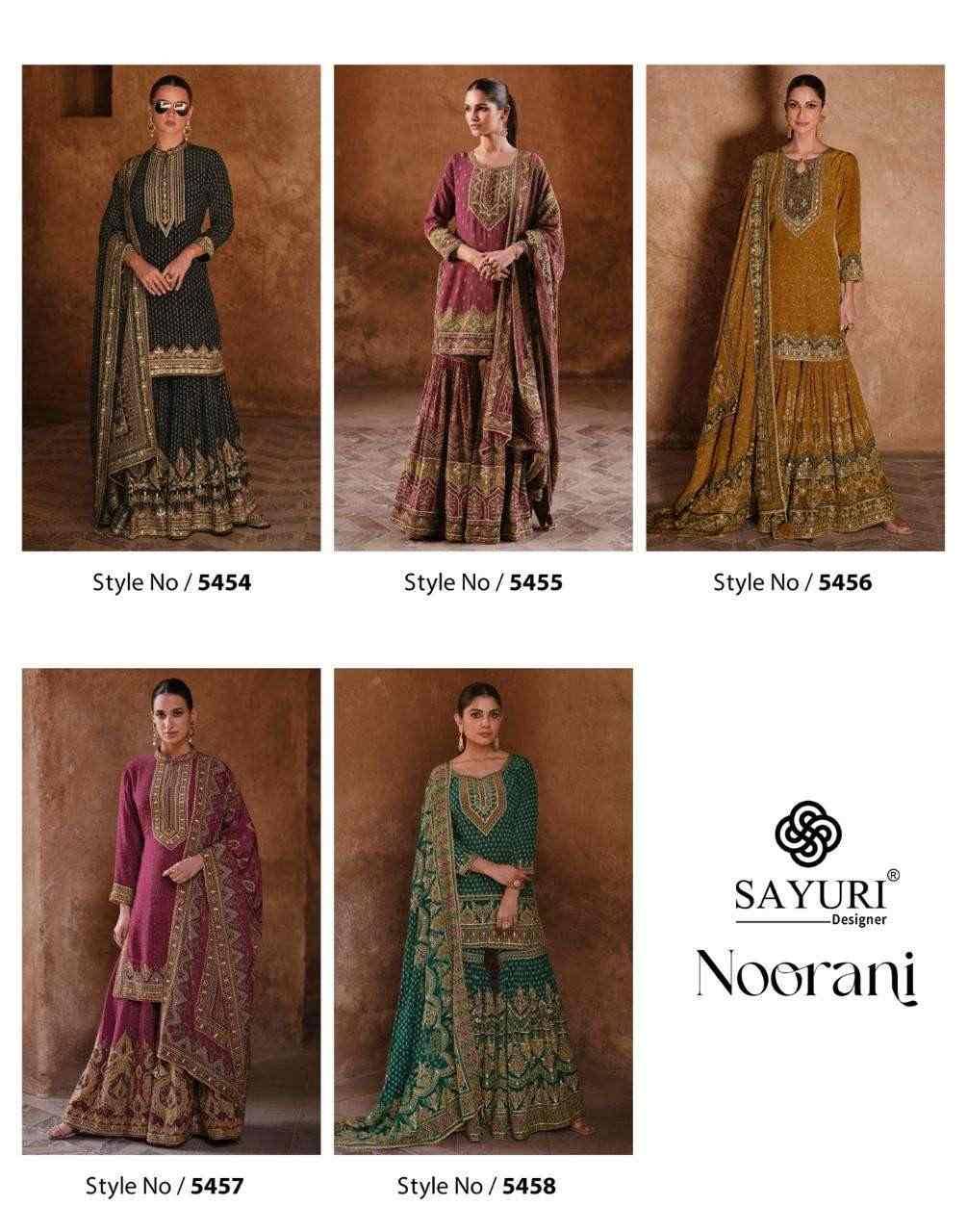 Noorani By Sayuri 5454 To 5458 Series Designer Sharara Suits Beautiful Fancy Colorful Stylish Party Wear & Occasional Wear Crepe Silk Dresses At Wholesale Price