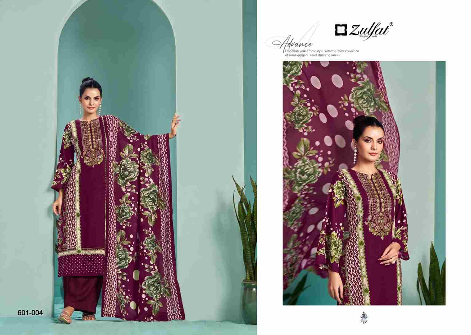 Ruhani By Zulfat 601-001 To 601-006 Series Beautiful Festive Suits Stylish Fancy Colorful Casual Wear & Ethnic Wear Pure Viscose Rayon Print Dresses At Wholesale Price