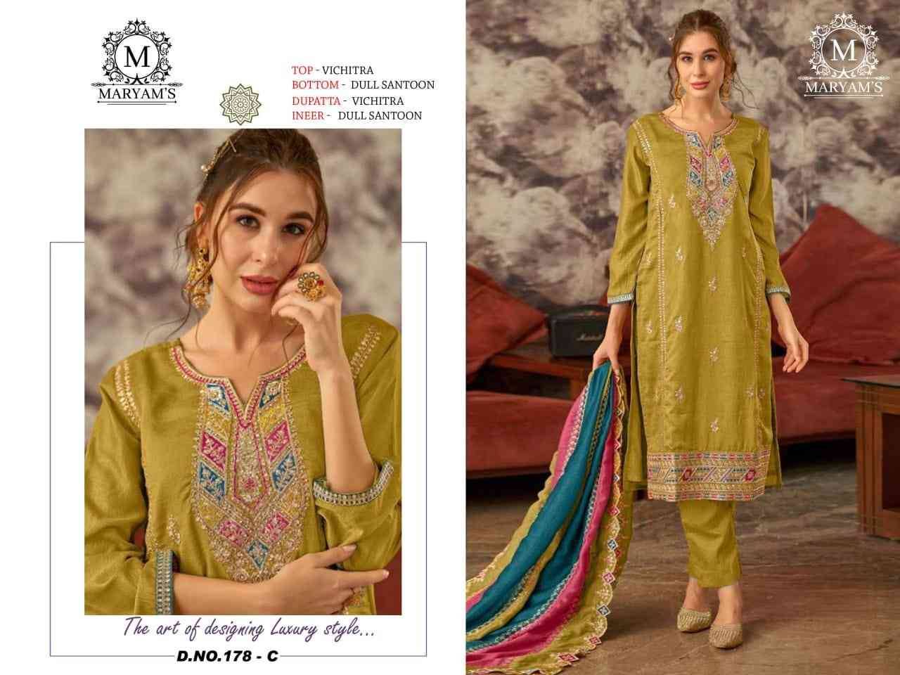 Maryams 178 Colours By Maryams 178-A To 178-C Series Pakistani Suits Beautiful Fancy Colorful Stylish Party Wear & Occasional Wear Vichitra Embroidery Dresses At Wholesale Price