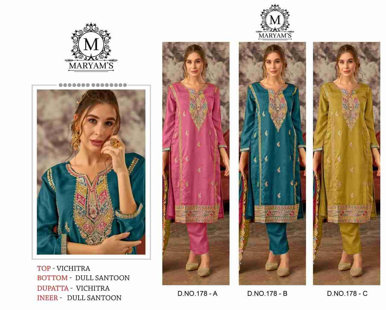 Maryams 178 Colours By Maryams 178-A To 178-C Series Pakistani Suits Beautiful Fancy Colorful Stylish Party Wear & Occasional Wear Vichitra Embroidery Dresses At Wholesale Price