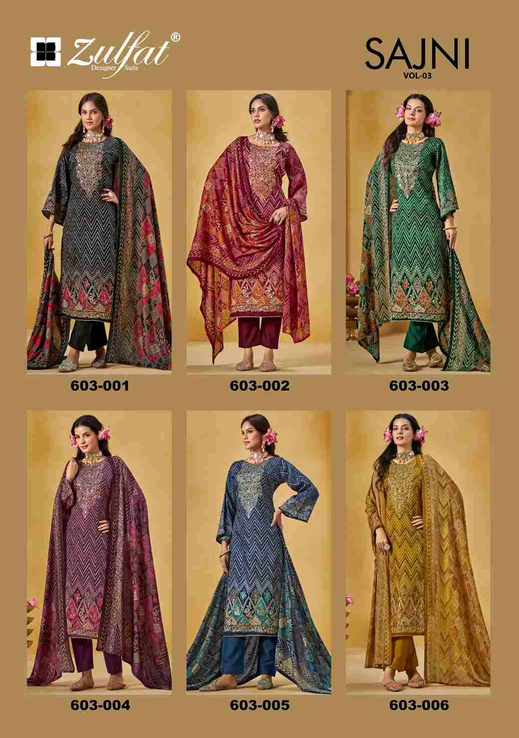 Sajni Vol-3 By Zulfat 603-001 To 603-006 Series Beautiful Festive Suits Stylish Fancy Colorful Casual Wear & Ethnic Wear Pure Jam Cotton Print Dresses At Wholesale Price