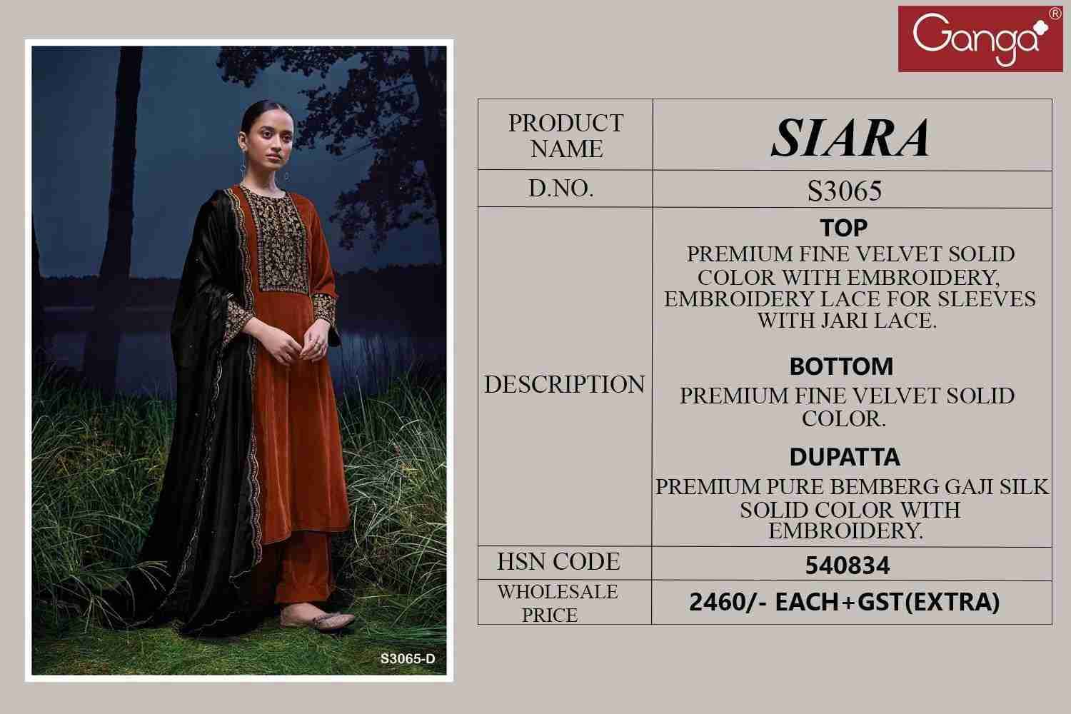 Siara-3065 By Ganga Fashion 3065-A To 3065-D Series Beautiful Festive Suits Colorful Stylish Fancy Casual Wear & Ethnic Wear Velvet Dresses At Wholesale Price