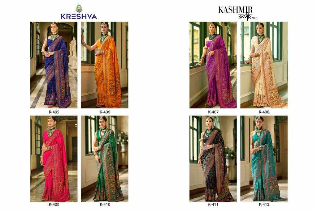 Kashmir Vol-1 By Kreshva 405 To 412 Series Indian Traditional Wear Collection Beautiful Stylish Fancy Colorful Party Wear & Occasional Wear Banarasi Silk Sarees At Wholesale Price