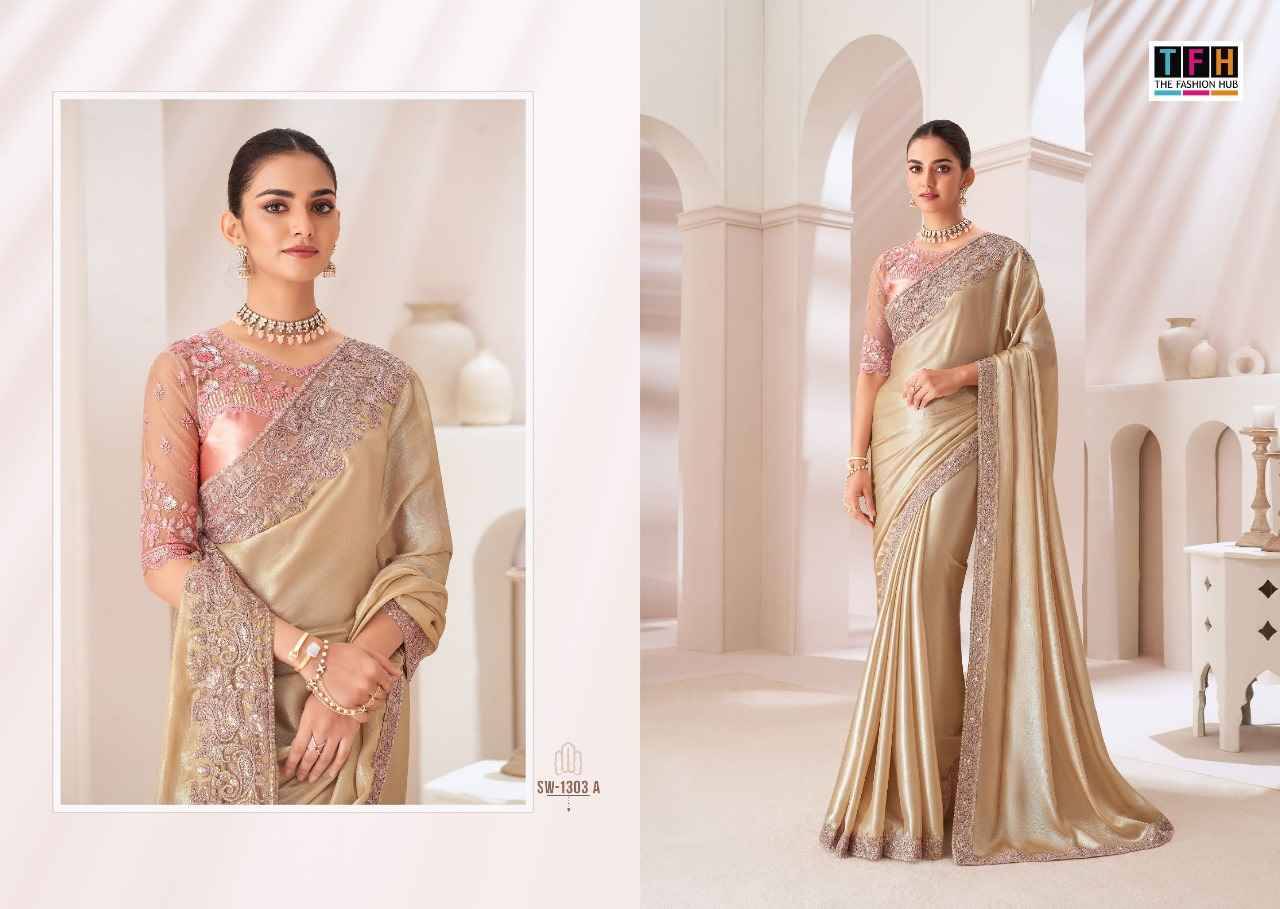 Sandalwood 1303 Colours By TFH 1303-A To 1303-F Series Indian Traditional Wear Collection Beautiful Stylish Fancy Colorful Party Wear & Occasional Wear Satin Georgette Sarees At Wholesale Price