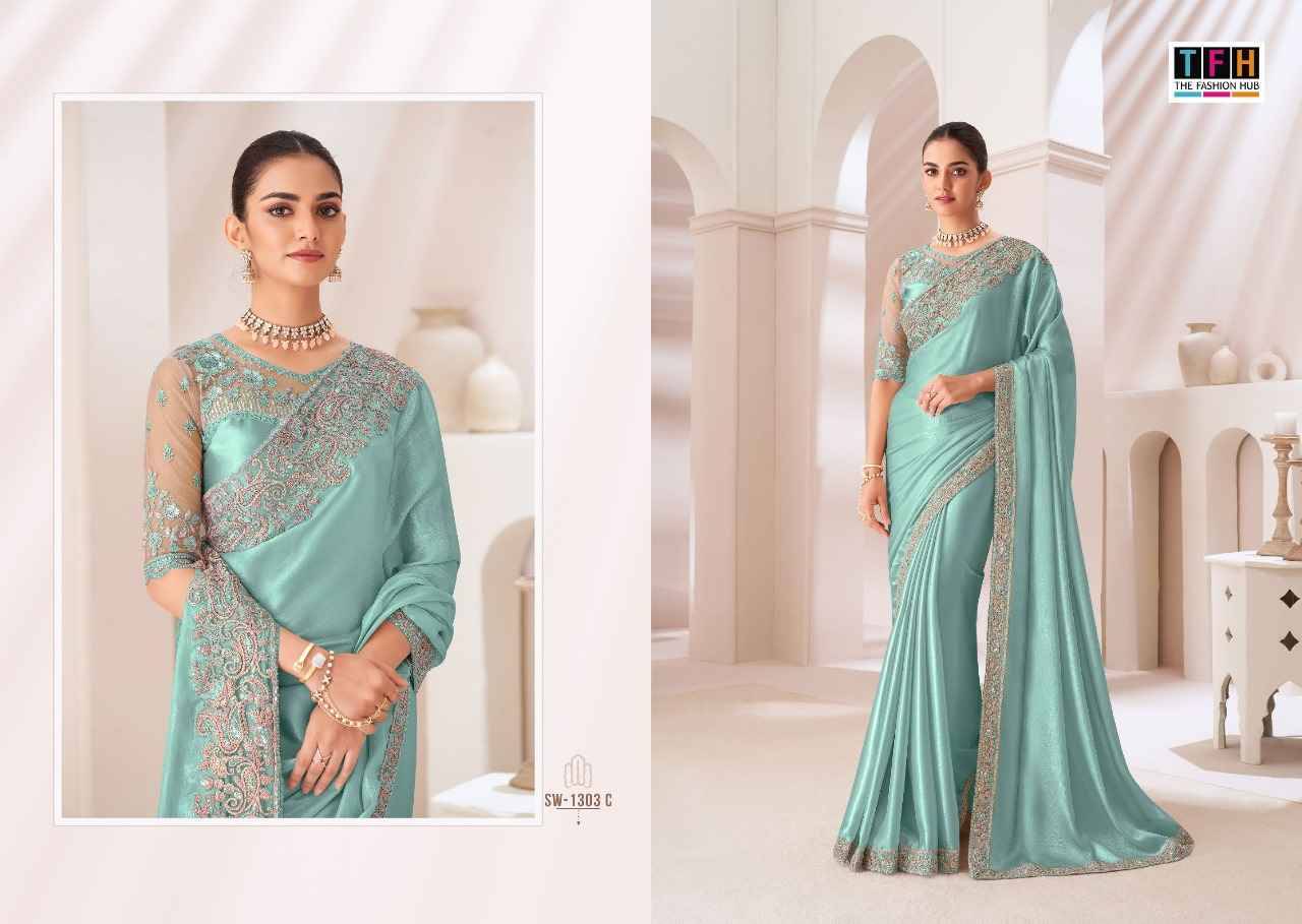 Sandalwood 1303 Colours By TFH 1303-A To 1303-F Series Indian Traditional Wear Collection Beautiful Stylish Fancy Colorful Party Wear & Occasional Wear Satin Georgette Sarees At Wholesale Price