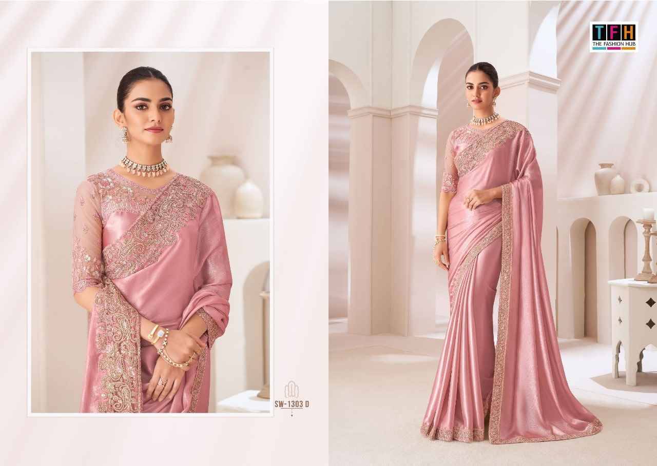 Sandalwood 1303 Colours By TFH 1303-A To 1303-F Series Indian Traditional Wear Collection Beautiful Stylish Fancy Colorful Party Wear & Occasional Wear Satin Georgette Sarees At Wholesale Price