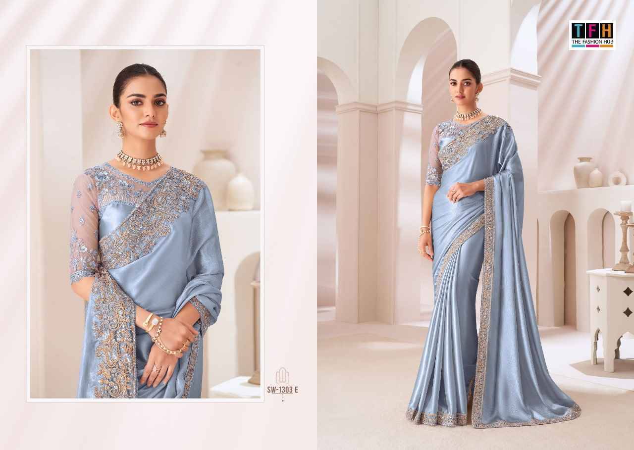 Sandalwood 1303 Colours By TFH 1303-A To 1303-F Series Indian Traditional Wear Collection Beautiful Stylish Fancy Colorful Party Wear & Occasional Wear Satin Georgette Sarees At Wholesale Price