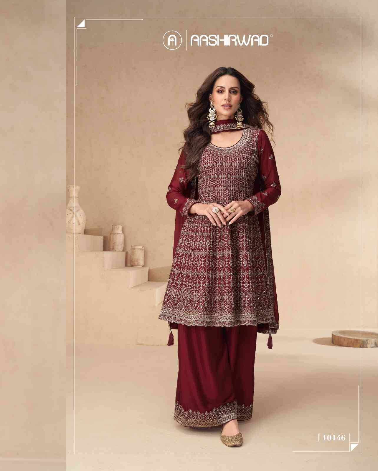 Amrita By Aashrwad Creation 10145 To 10149 Series Beautiful Stylish Anarkali Suits Fancy Colorful Casual Wear & Ethnic Wear & Ready To Wear Chinnon Silk Dresses At Wholesale Price