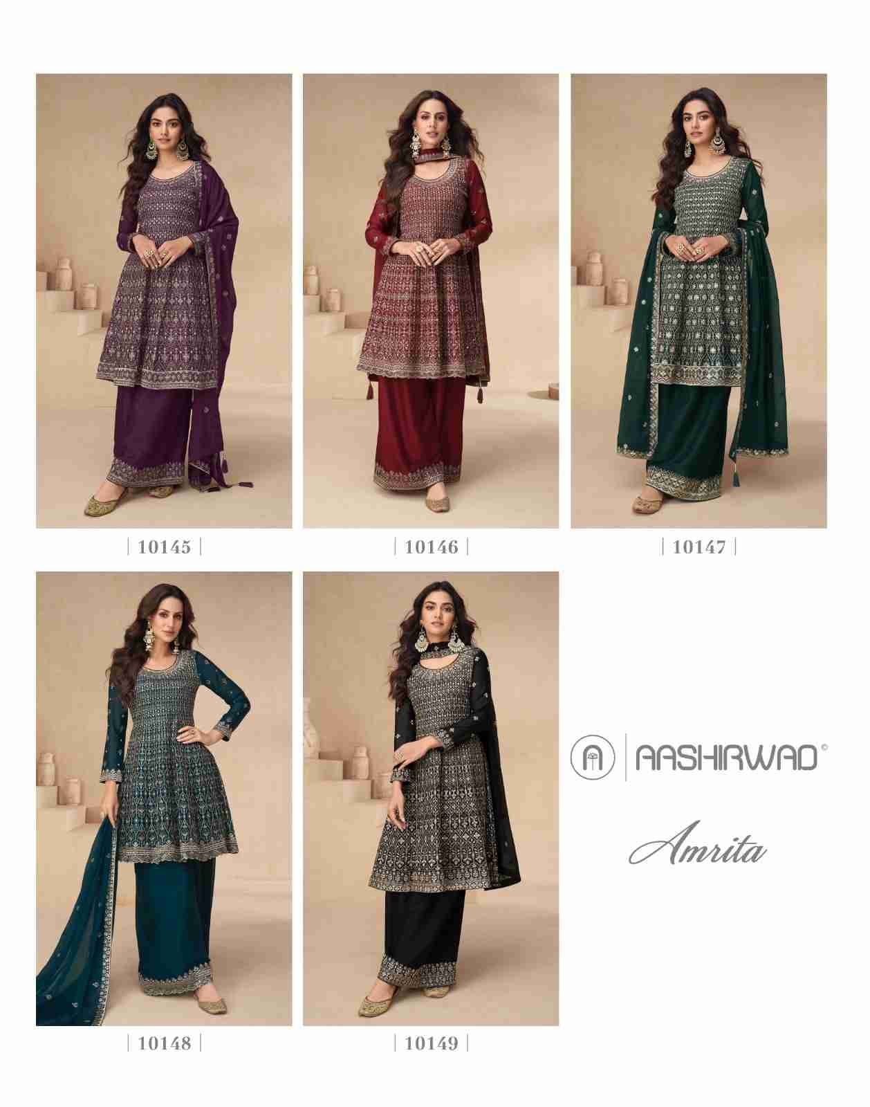 Amrita By Aashrwad Creation 10145 To 10149 Series Beautiful Stylish Anarkali Suits Fancy Colorful Casual Wear & Ethnic Wear & Ready To Wear Chinnon Silk Dresses At Wholesale Price