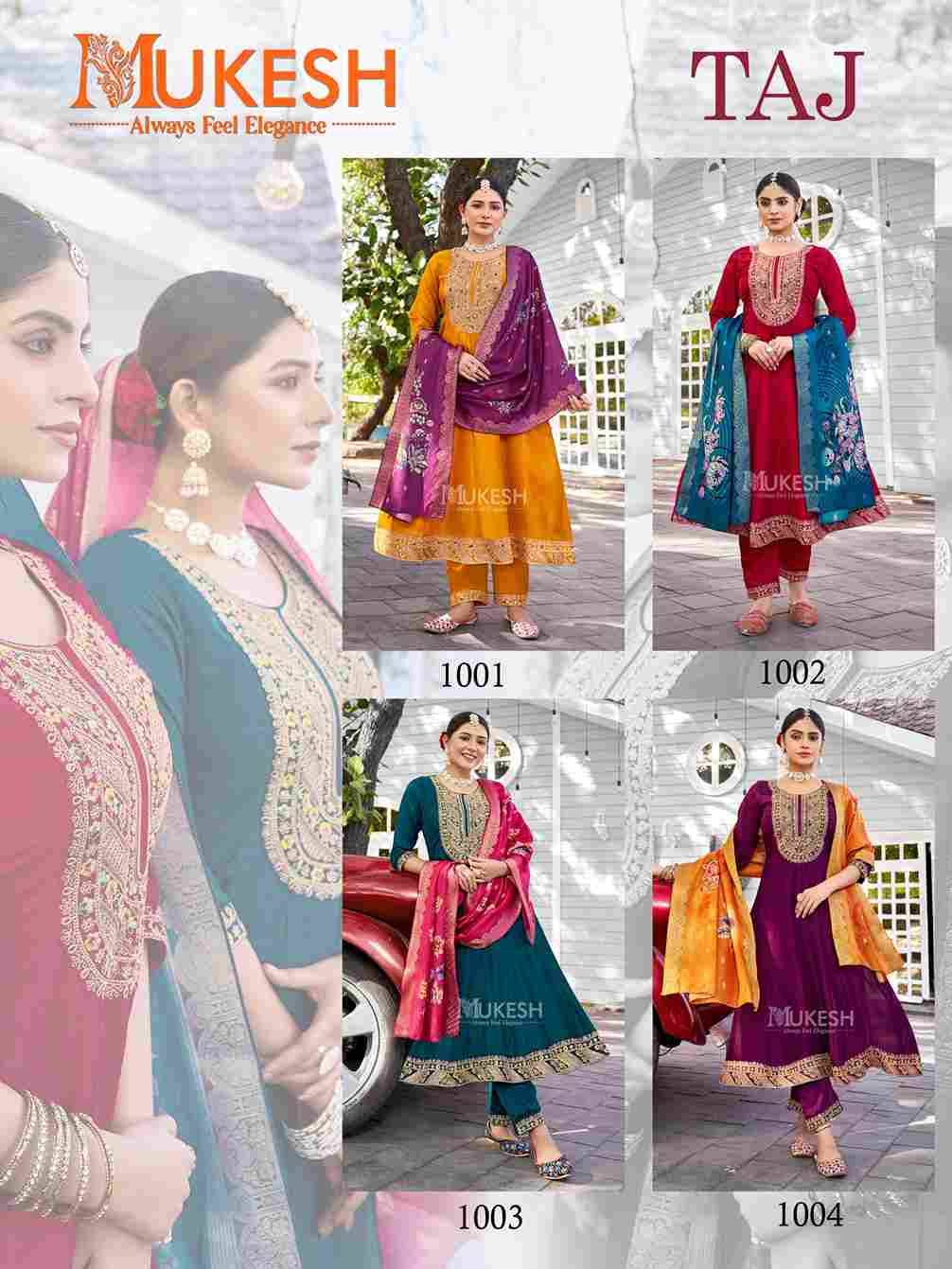 Taj By Mukesh 1001 To 1004 Series Beautiful Stylish Festive Suits Fancy Colorful Casual Wear & Ethnic Wear & Ready To Wear Vichitra Silk Dresses At Wholesale Price