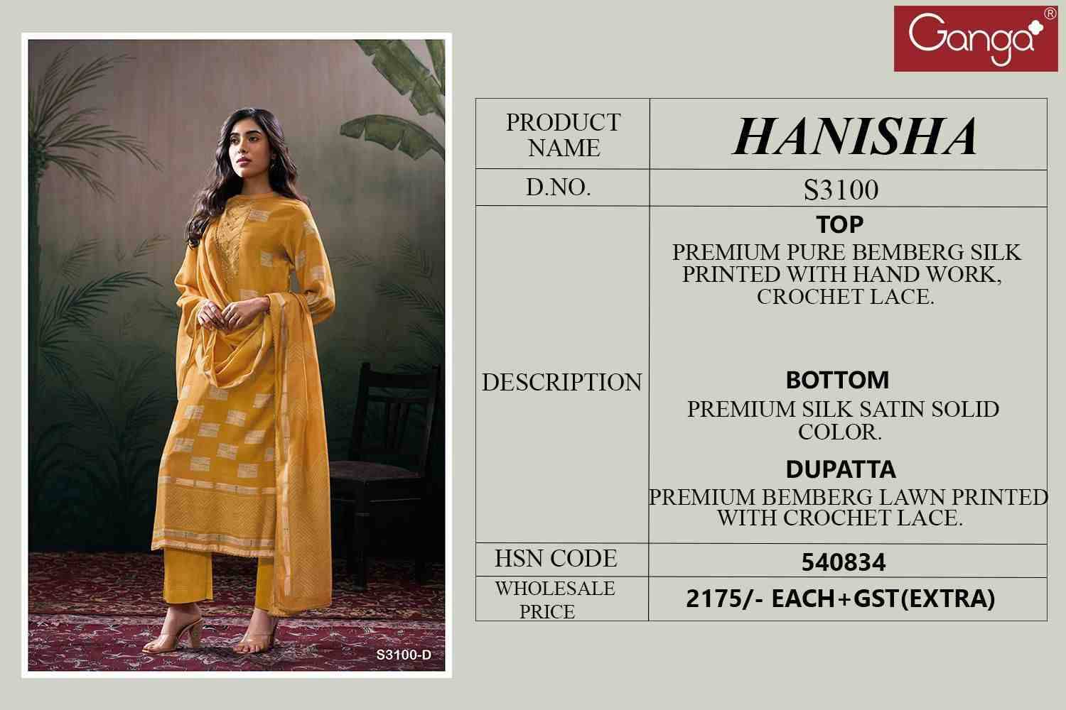 Hanisha-3100 By Ganga Fashion 3100-A To 3100-D Series Beautiful Festive Suits Colorful Stylish Fancy Casual Wear & Ethnic Wear Pure Bemberg Silk Dresses At Wholesale Price