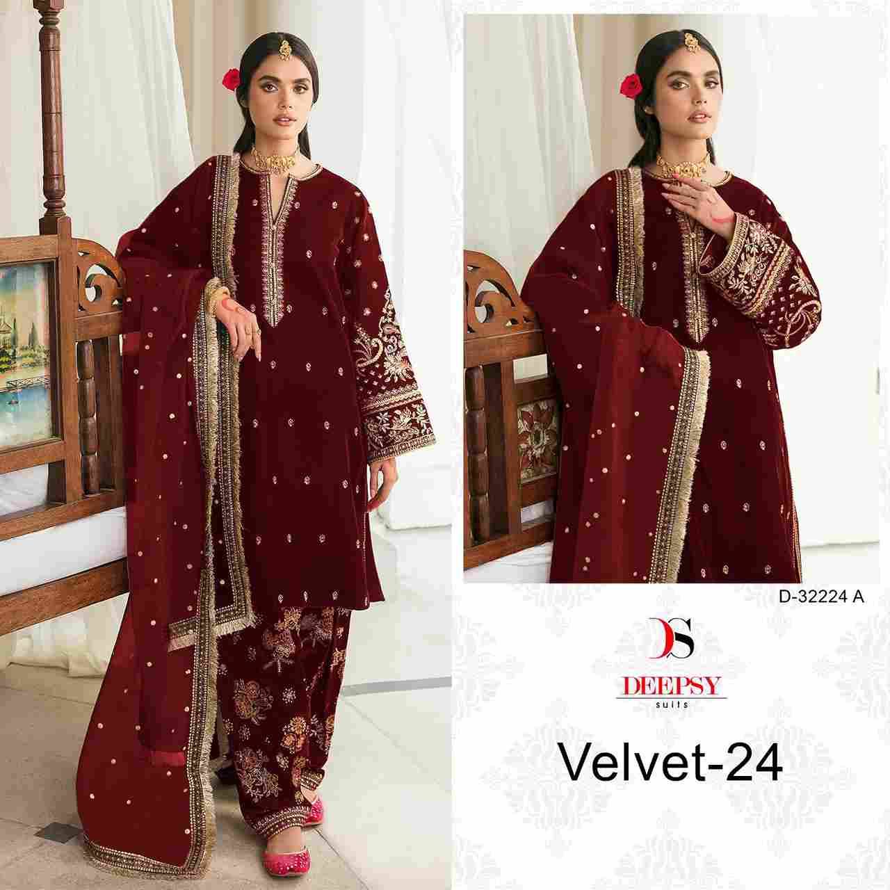 Velvet 32224 Colours By Deepsy Suits 32224-A To 32224-D Series Beautiful Stylish Pakistani Suits Fancy Colorful Casual Wear & Ethnic Wear & Ready To Wear Heavy Velvet Embroidery Dresses At Wholesale Price