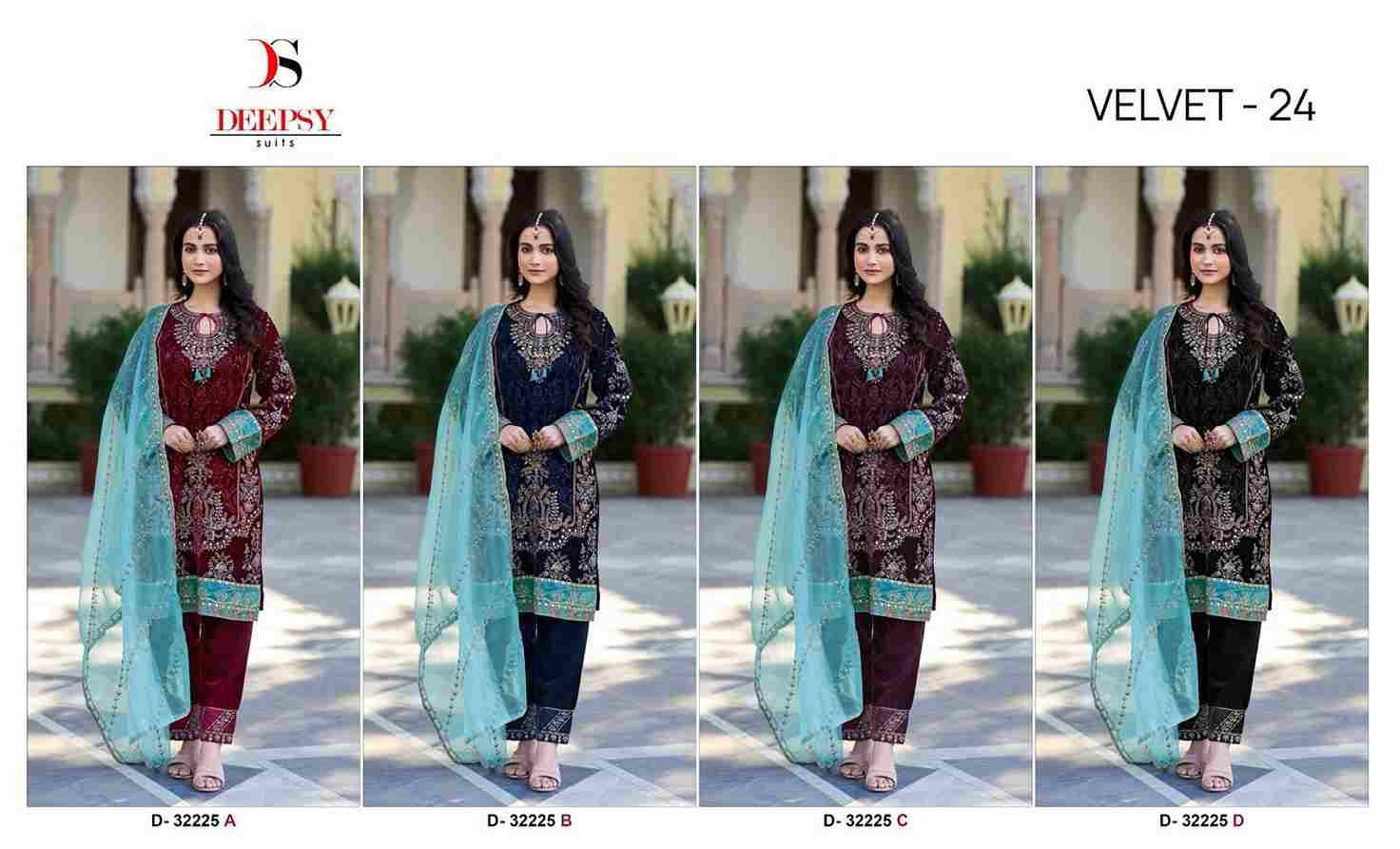 Velvet 32225 Colours By Deepsy Suits 32225-A To 32225-D Series Beautiful Stylish Pakistani Suits Fancy Colorful Casual Wear & Ethnic Wear & Ready To Wear Heavy Velvet Embroidery Dresses At Wholesale Price