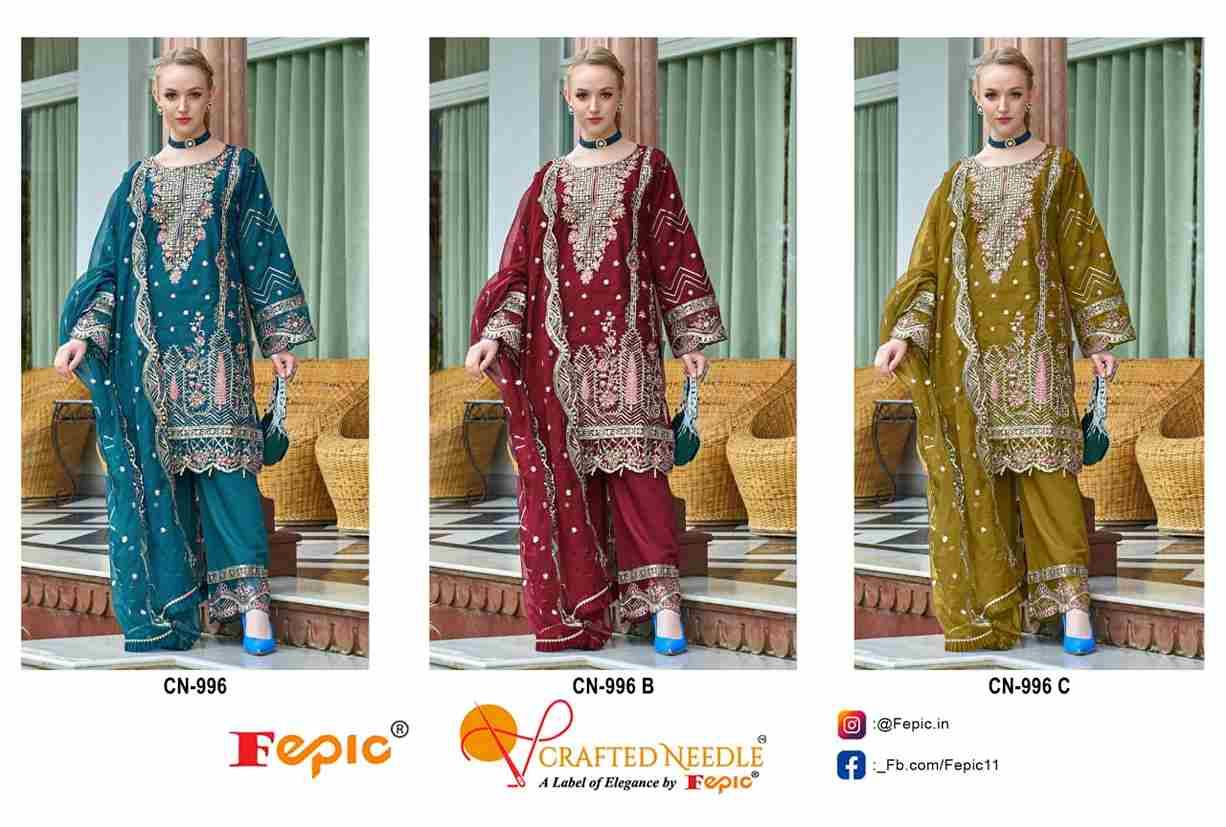 Fepic 996 Colours By Fepic 996-A To 996-C Series Beautiful Pakistani Suits Colorful Stylish Fancy Casual Wear & Ethnic Wear Organza Embroidered Dresses At Wholesale Price