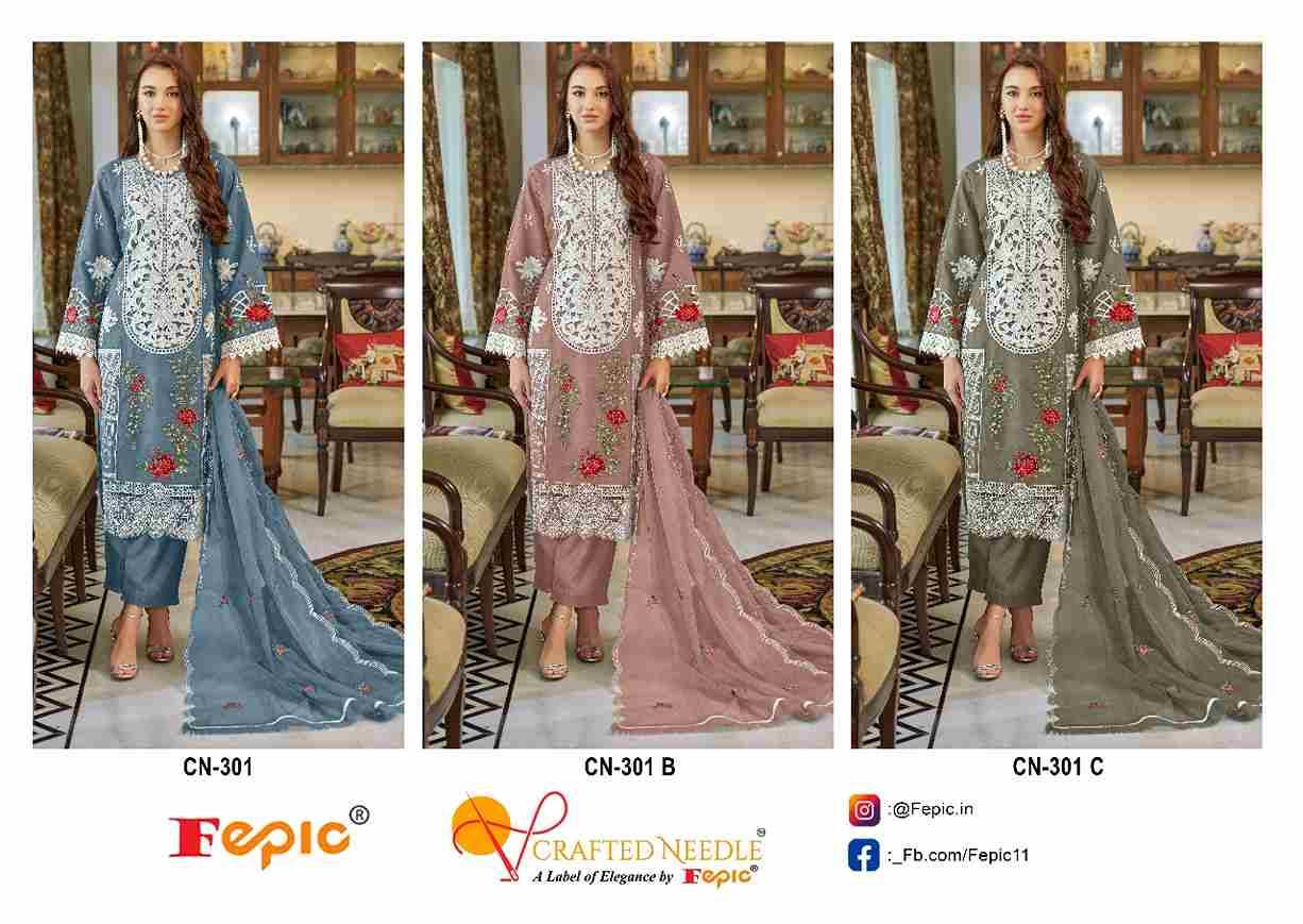 Fepic 301 Colours By Fepic 301-A To 301-C Series Beautiful Pakistani Suits Colorful Stylish Fancy Casual Wear & Ethnic Wear Organza Embroidered Dresses At Wholesale Price