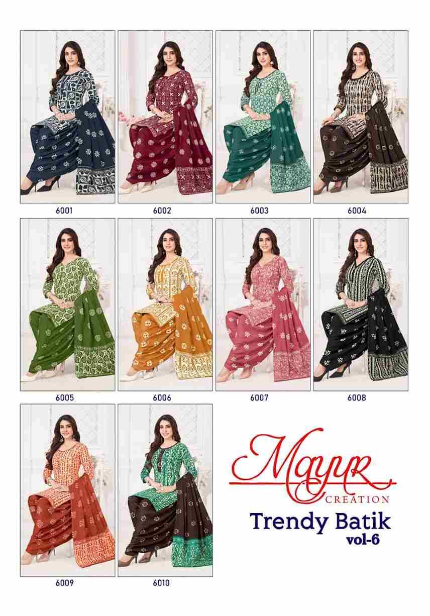 Trendy Batik Vol-6 By Mayur Creation 6001 To 6010 Series Beautiful Festive Suits Stylish Fancy Colorful Casual Wear & Ethnic Wear Pure Cotton Digital Print Dresses At Wholesale Price