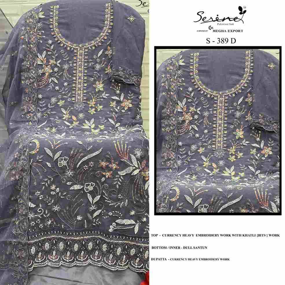 Serene Hit Design S-389 Colours By Serene S-389-A To S-389-D Series Designer Pakistani Suits Beautiful Fancy Colorful Stylish Party Wear & Occasional Wear Currency Embroidered Dresses At Wholesale Price