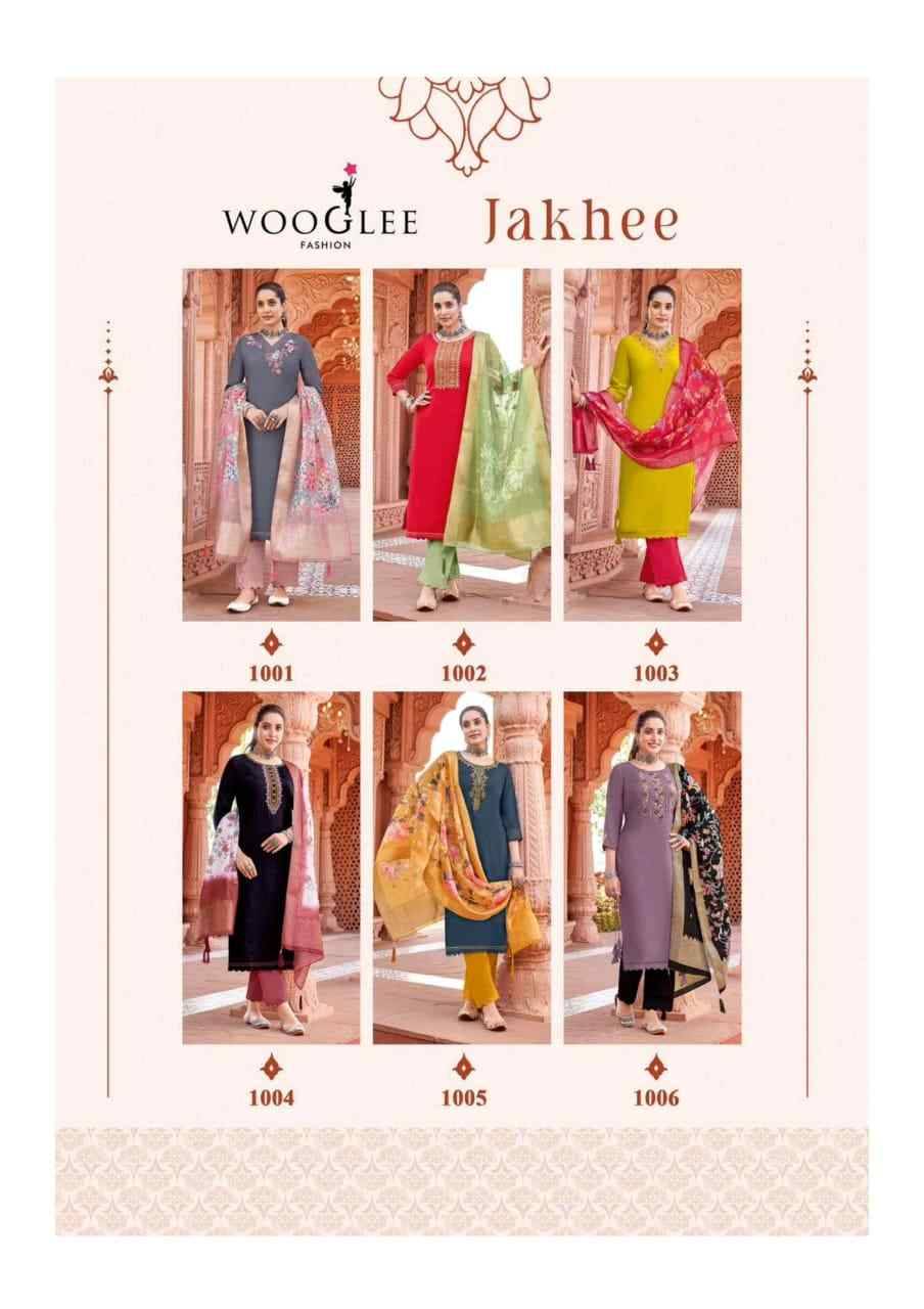 Jakhee By Wooglee 1001 To 1006 Series Beautiful Stylish Festive Suits Fancy Colorful Casual Wear & Ethnic Wear & Ready To Wear Viscose Weaving Dresses At Wholesale Price