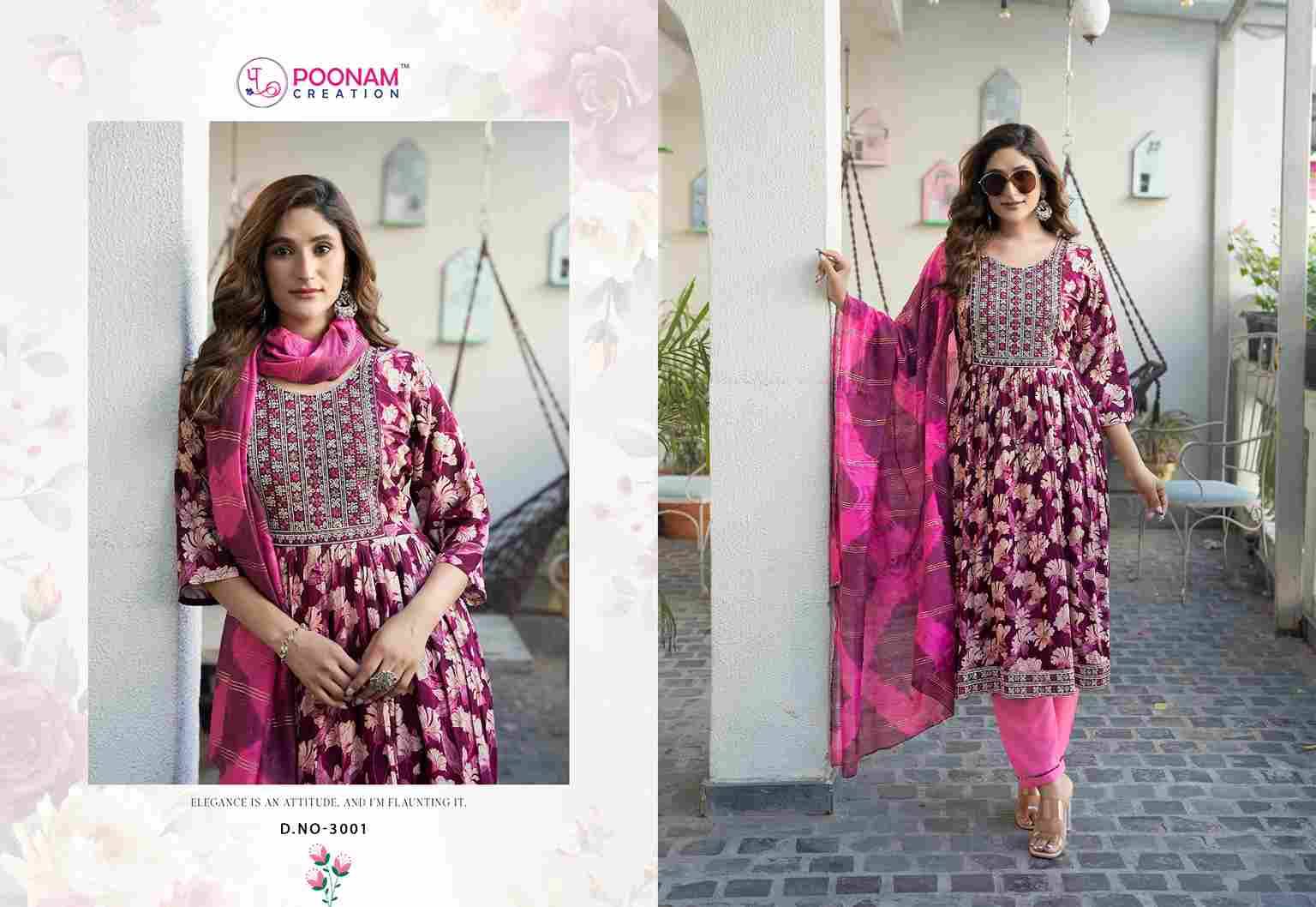 Sara Vol-3 By Poonam Creation 3001 To 3008 Series Beautiful Festive Suits Colorful Stylish Fancy Casual Wear & Ethnic Wear Rayon Foil Dresses At Wholesale Price