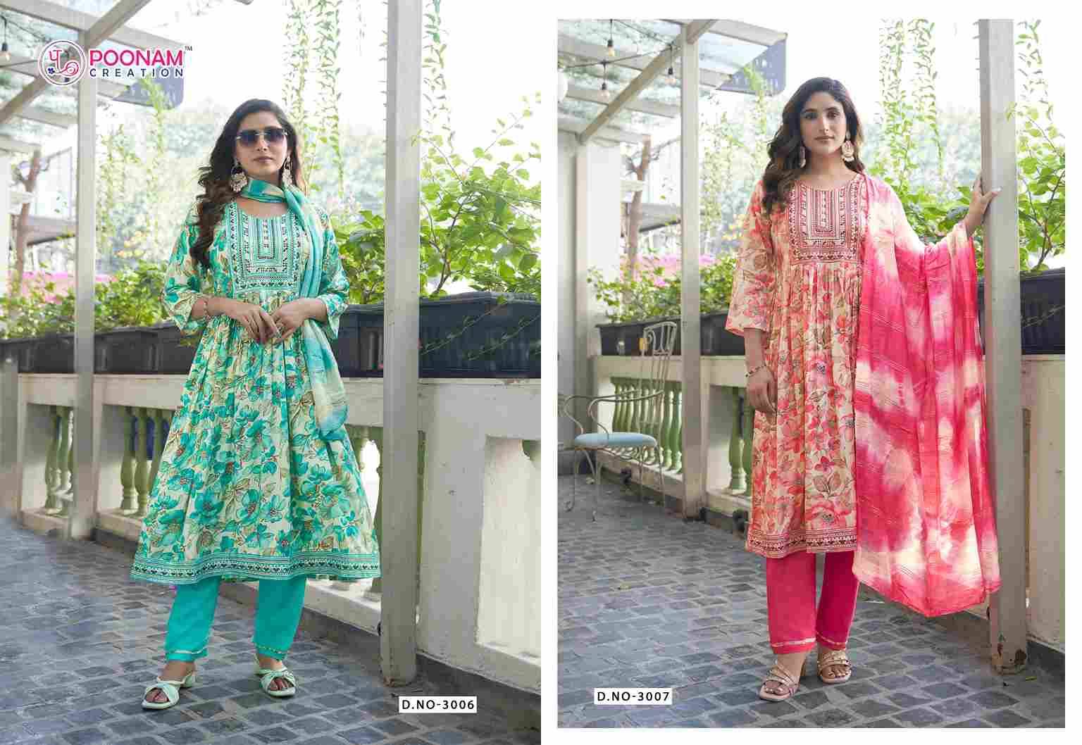 Sara Vol-3 By Poonam Creation 3001 To 3008 Series Beautiful Festive Suits Colorful Stylish Fancy Casual Wear & Ethnic Wear Rayon Foil Dresses At Wholesale Price