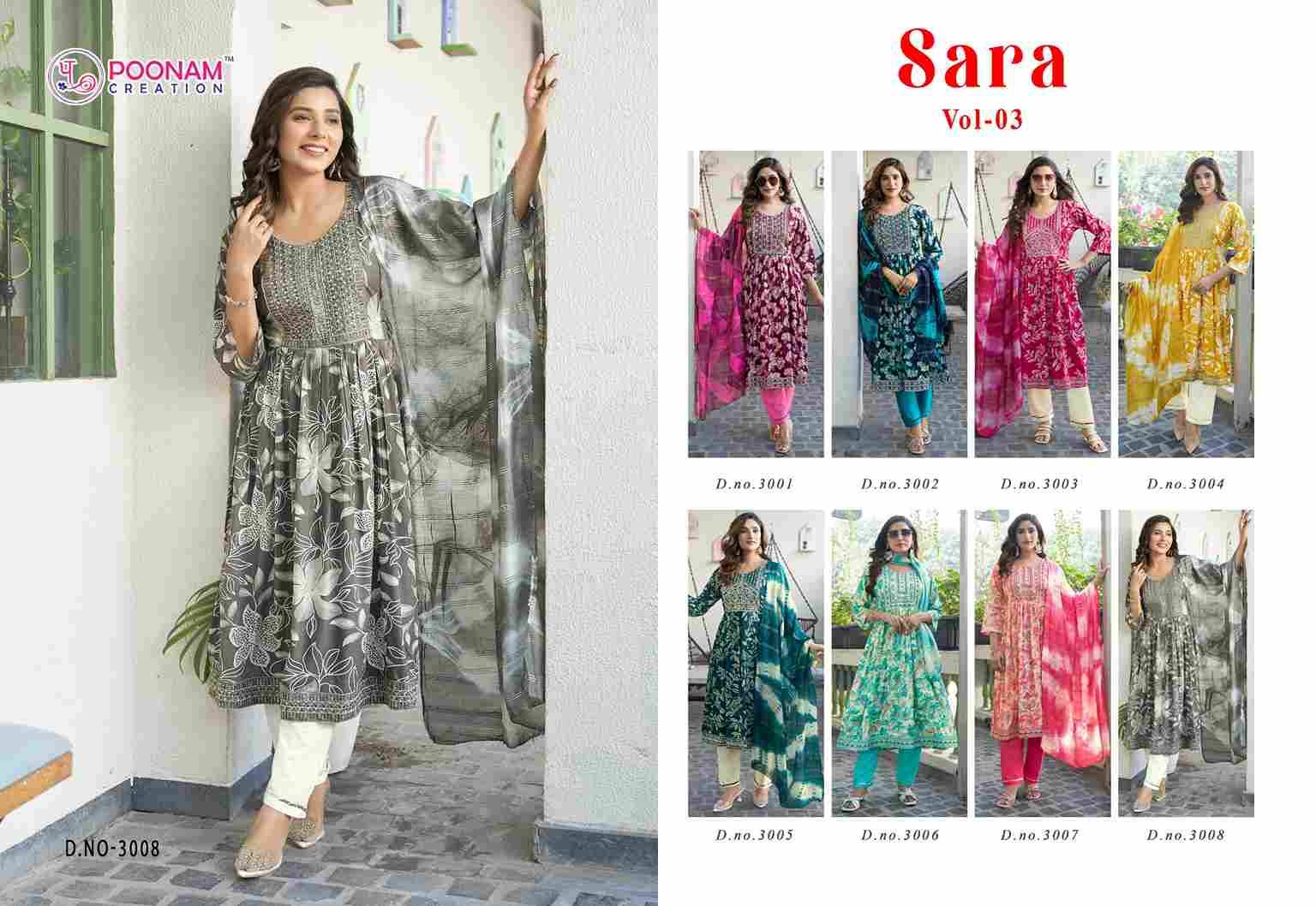 Sara Vol-3 By Poonam Creation 3001 To 3008 Series Beautiful Festive Suits Colorful Stylish Fancy Casual Wear & Ethnic Wear Rayon Foil Dresses At Wholesale Price