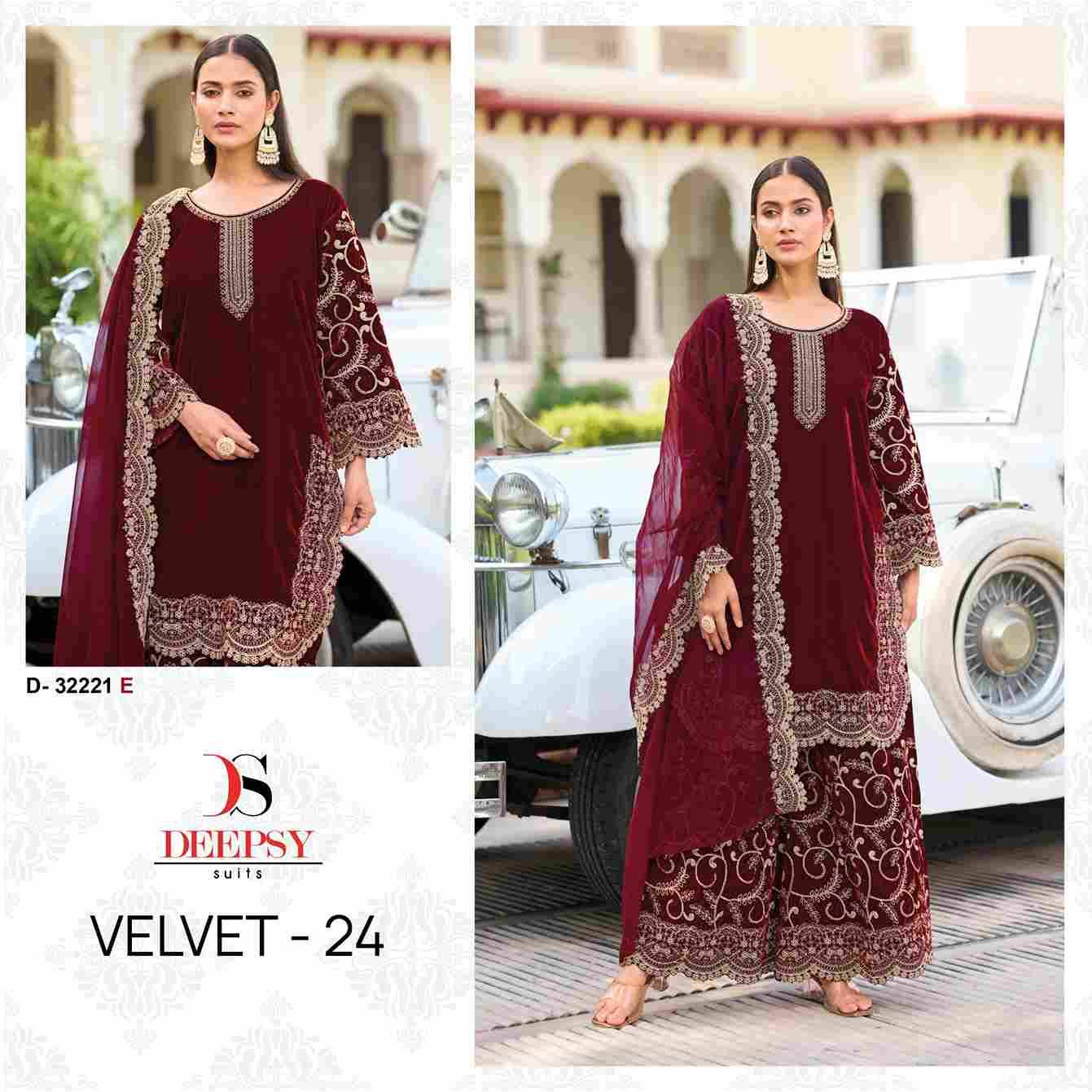 Velvet 32221 Colours Vol-2 By Deepsy Suits 32221-E To 32221-H Series Beautiful Stylish Pakistani Suits Fancy Colorful Casual Wear & Ethnic Wear & Ready To Wear Heavy Velvet Embroidery Dresses At Wholesale Price