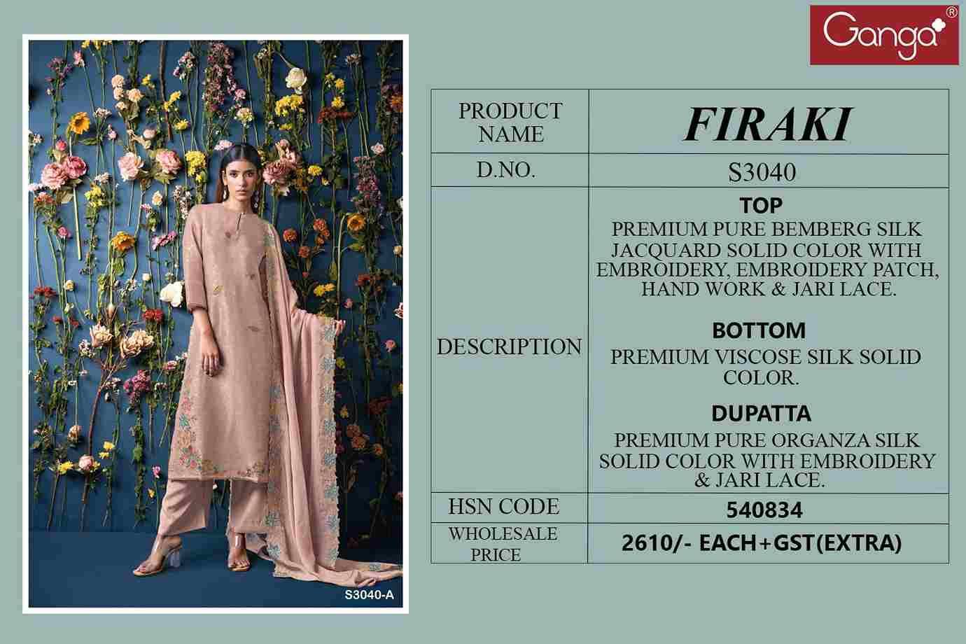 Firaki-3040 By Ganga Fashion 3040-A To 3040-B Series Beautiful Festive Suits Colorful Stylish Fancy Casual Wear & Ethnic Wear Pure Bemberg Silk Dresses At Wholesale Price