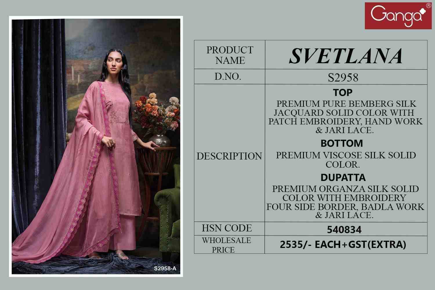 Svetlana-2958 By Ganga Fashion 2958-A To 2958-B Series Beautiful Festive Suits Colorful Stylish Fancy Casual Wear & Ethnic Wear Pure Bemberg Silk Dresses At Wholesale Price