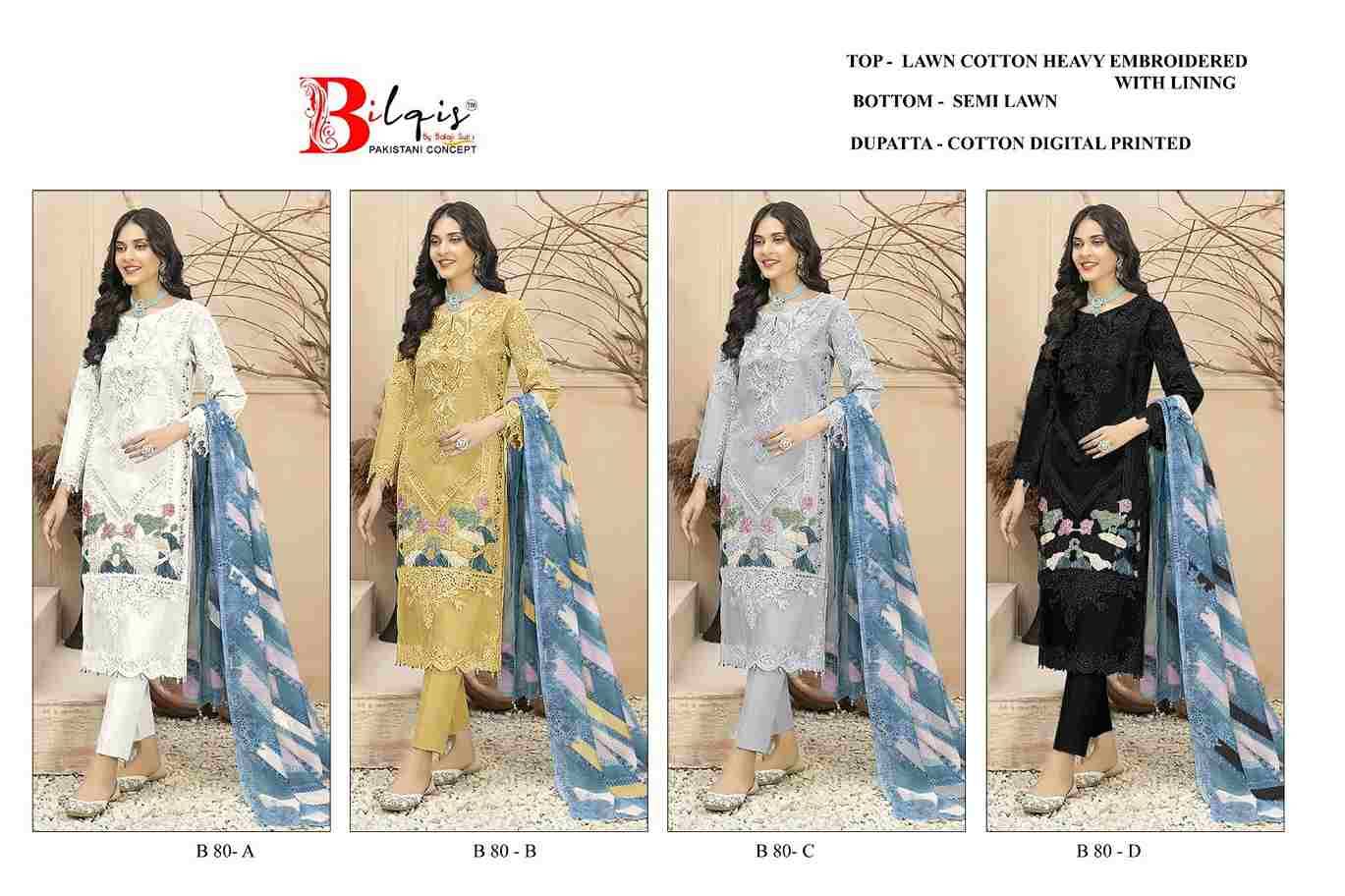 Bilqis 80 Colours By Bilqis 80-A To 80-D Series Beautiful Pakistani Suits Stylish Fancy Colorful Party Wear & Occasional Wear Cambric Lawn Cotton Embroidery Dresses At Wholesale Price