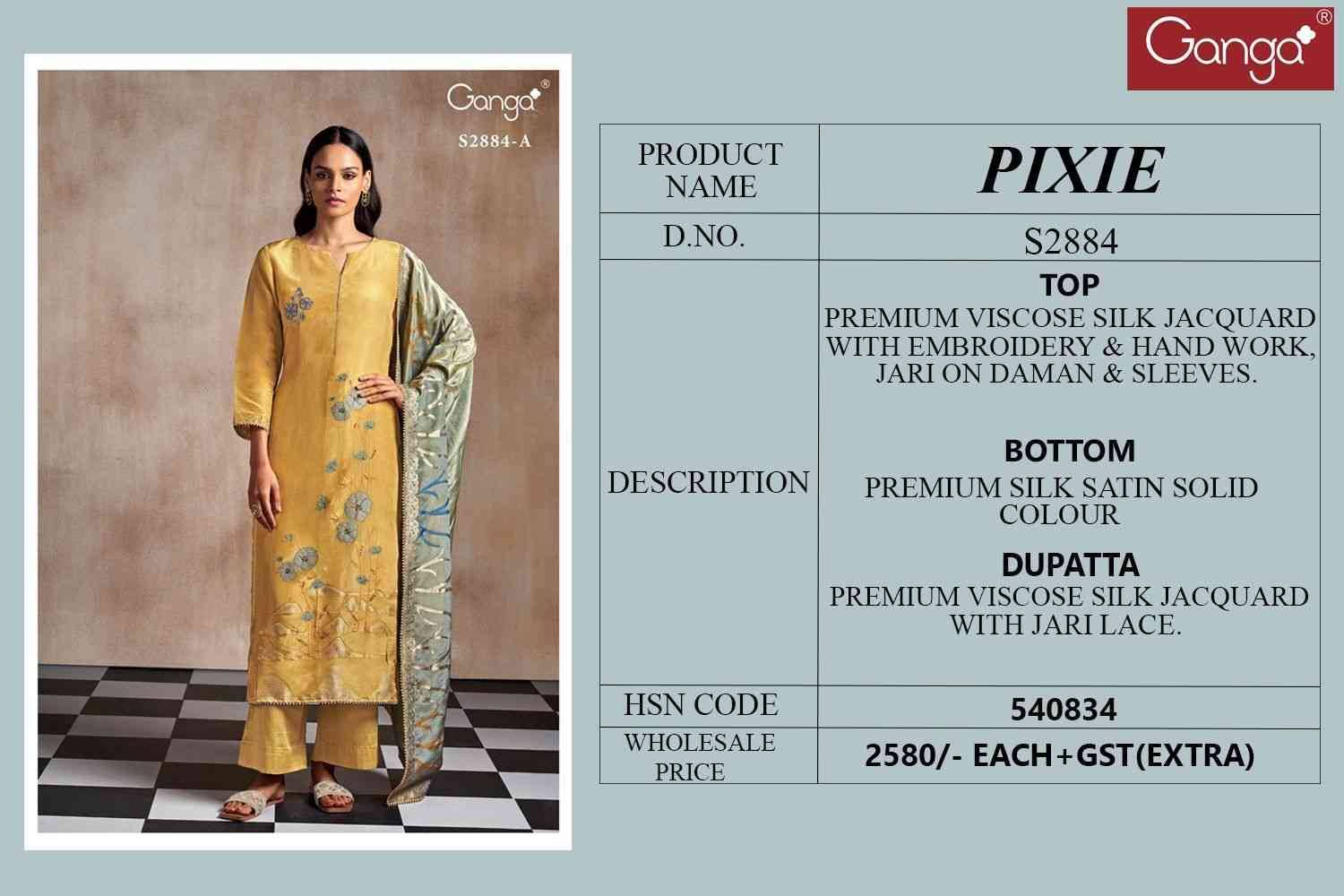 Pixie-2884 By Ganga Fashion 2884-A To 2884-B Series Beautiful Festive Suits Colorful Stylish Fancy Casual Wear & Ethnic Wear Pure Viscose Silk Jacquard Dresses At Wholesale Price