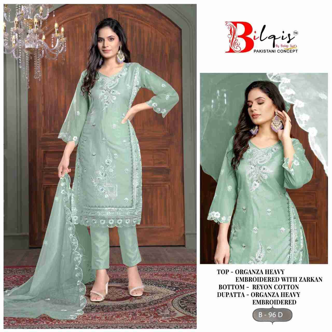 Bilqis 96 Colours By Bilqis 96-A To 96-D Series Beautiful Pakistani Suits Stylish Fancy Colorful Party Wear & Occasional Wear Organza Embroidery Dresses At Wholesale Price