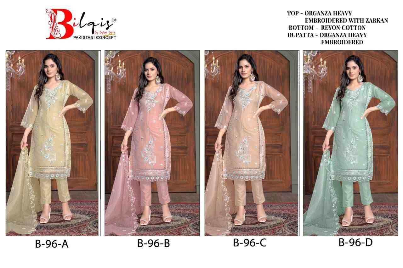 Bilqis 96 Colours By Bilqis 96-A To 96-D Series Beautiful Pakistani Suits Stylish Fancy Colorful Party Wear & Occasional Wear Organza Embroidery Dresses At Wholesale Price