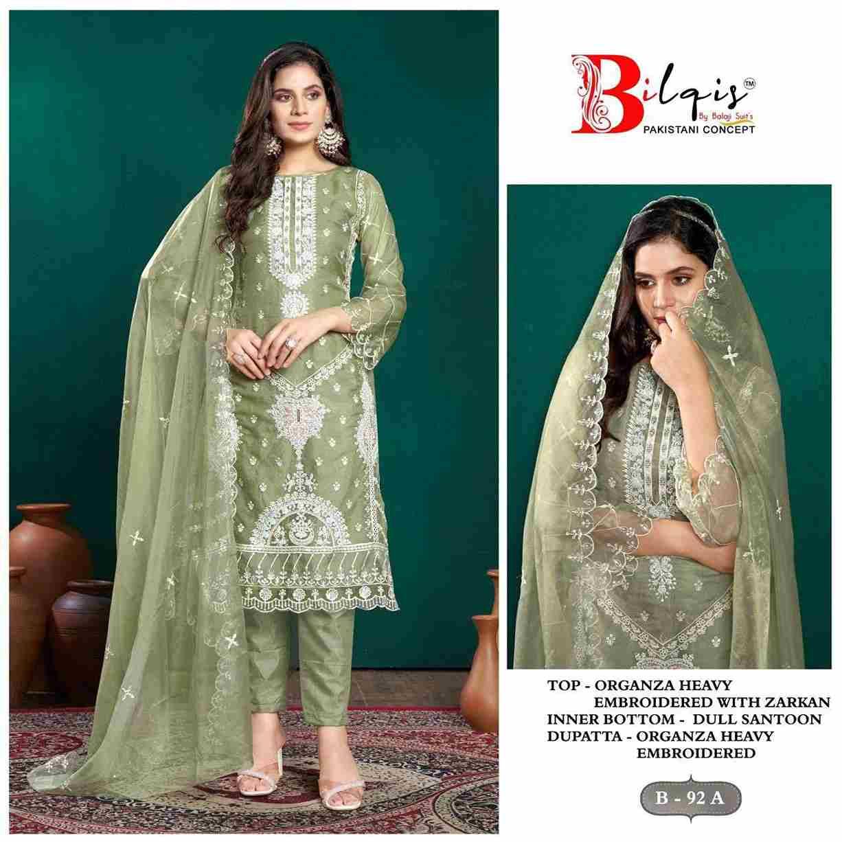 Bilqis 92 Colours By Bilqis 92-A To 92-D Series Beautiful Pakistani Suits Stylish Fancy Colorful Party Wear & Occasional Wear Organza Embroidery Dresses At Wholesale Price