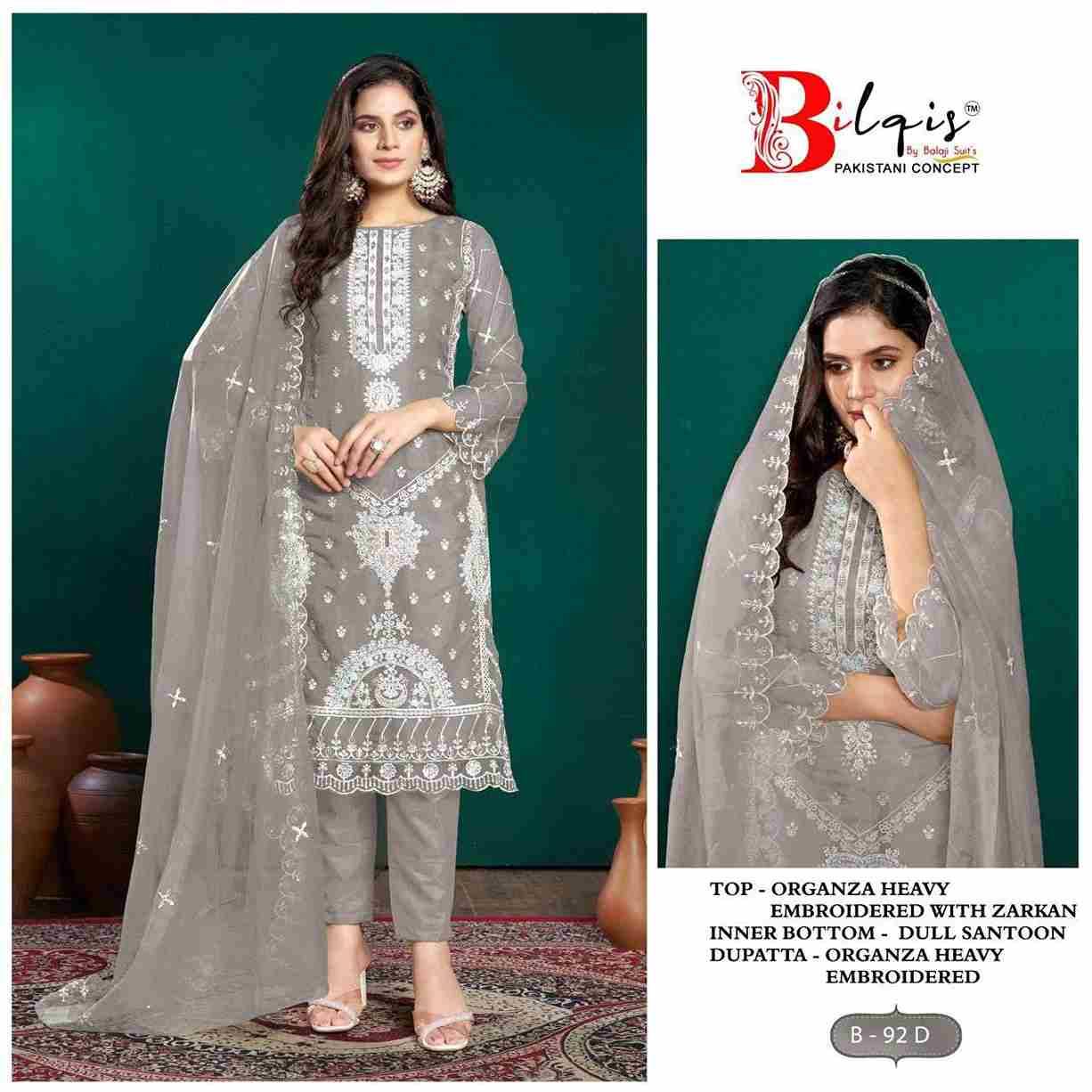 Bilqis 92 Colours By Bilqis 92-A To 92-D Series Beautiful Pakistani Suits Stylish Fancy Colorful Party Wear & Occasional Wear Organza Embroidery Dresses At Wholesale Price